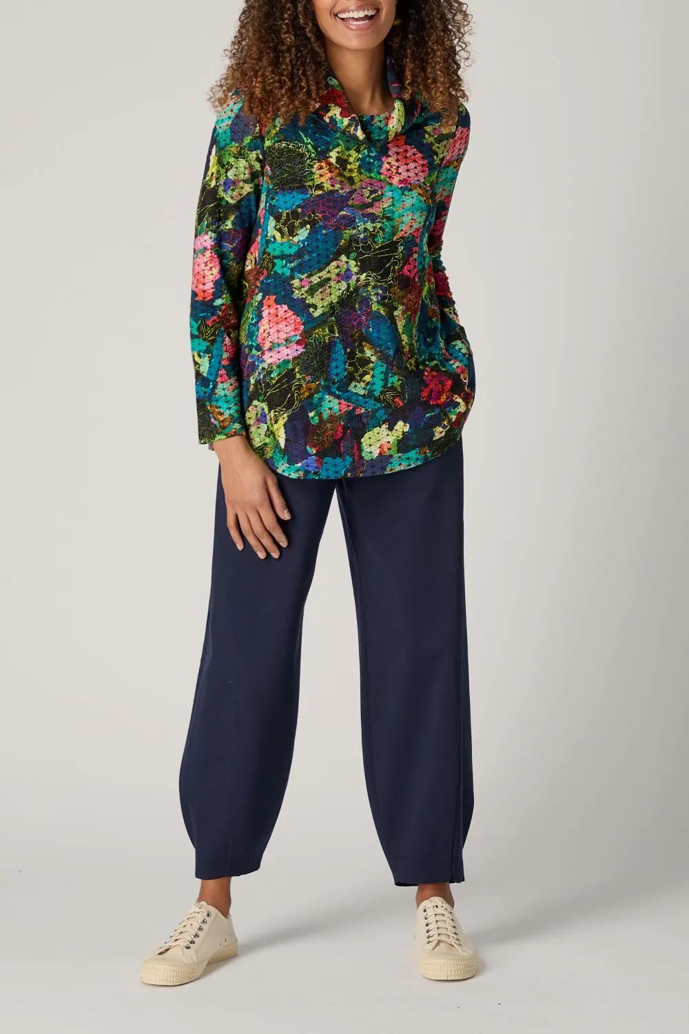 Abstract Floral Jersey Cowl Neck Top