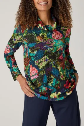 Abstract Floral Jersey Cowl Neck Top