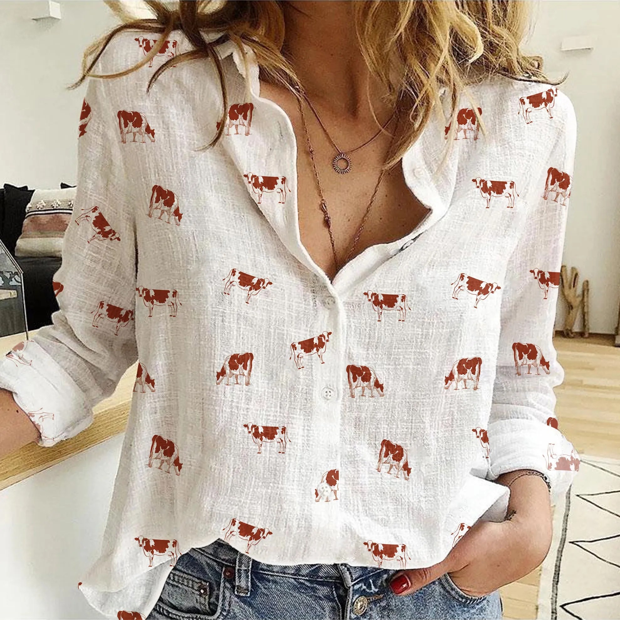 Ayrshires Cattle icon pattern Women's Linen Shirts for farmers