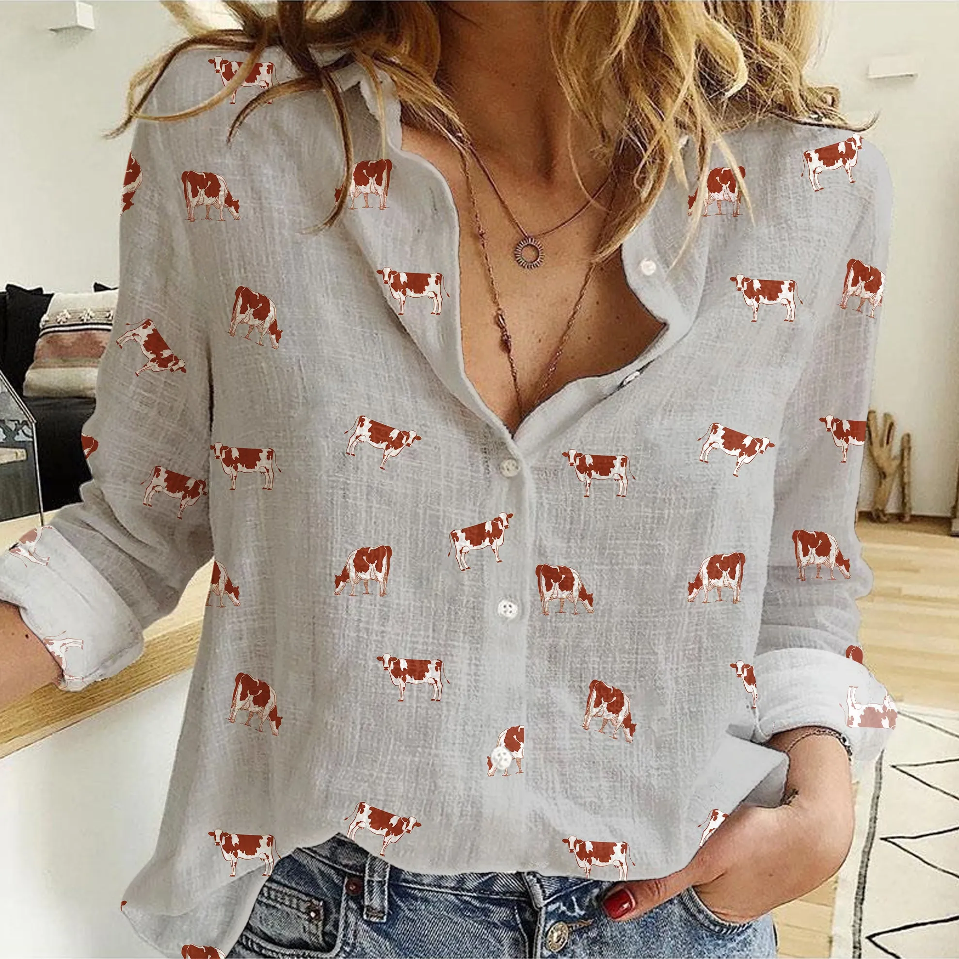 Ayrshires Cattle icon pattern Women's Linen Shirts for farmers