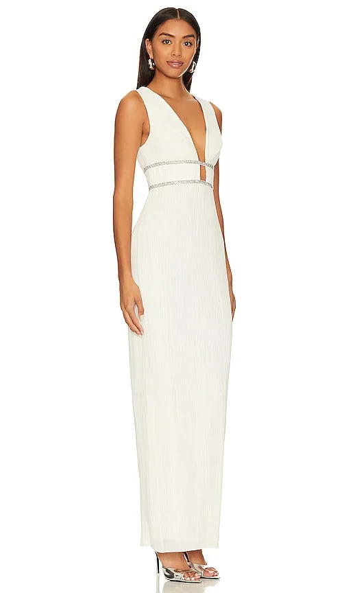 BCBGMAXAZRIA V Neck Pleated Gown in Ivory