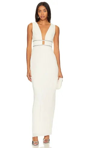 BCBGMAXAZRIA V Neck Pleated Gown in Ivory