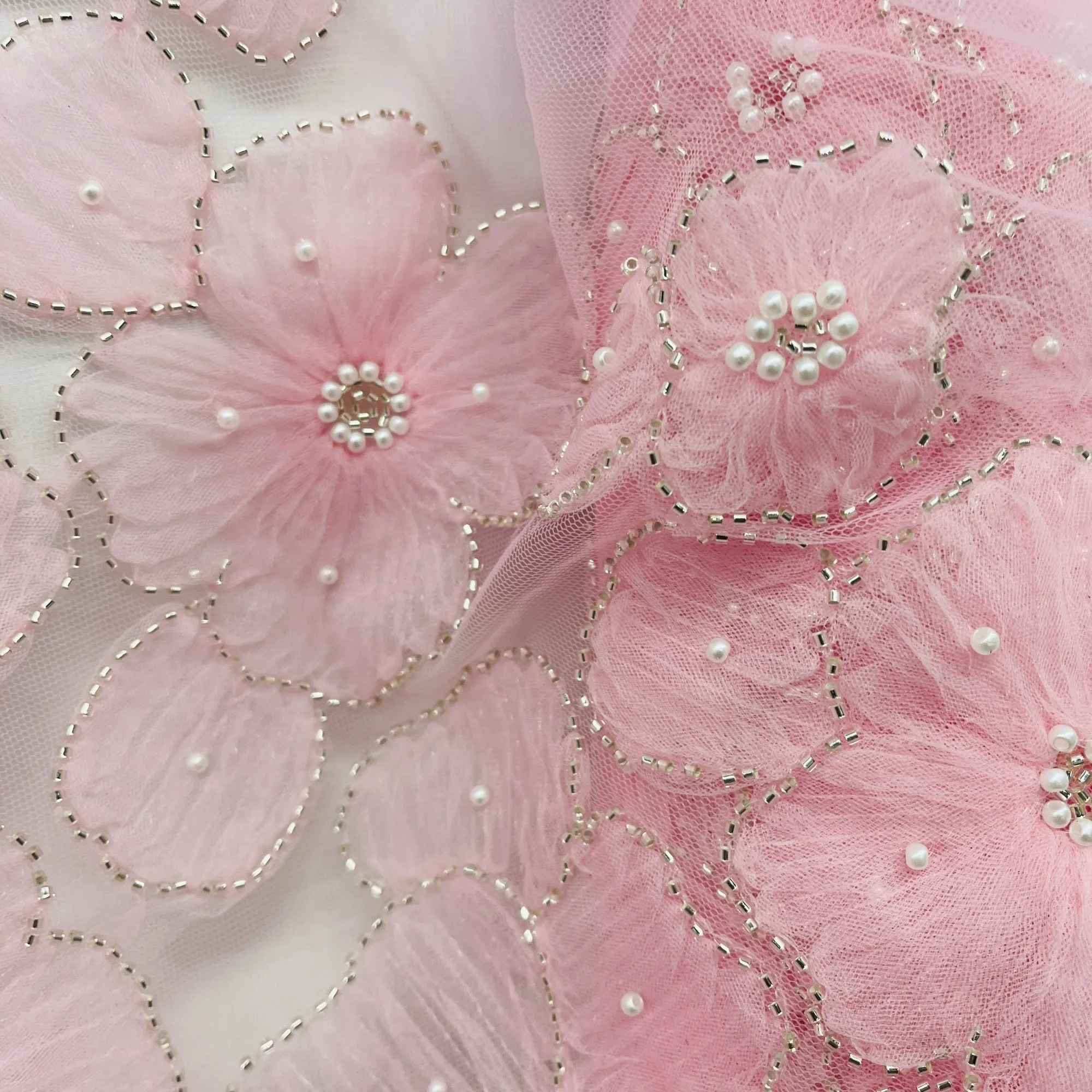 Beaded 3D Floral Lace Fabric Embroidered on 100% Polyester Net Mesh | Lace USA - GD-216