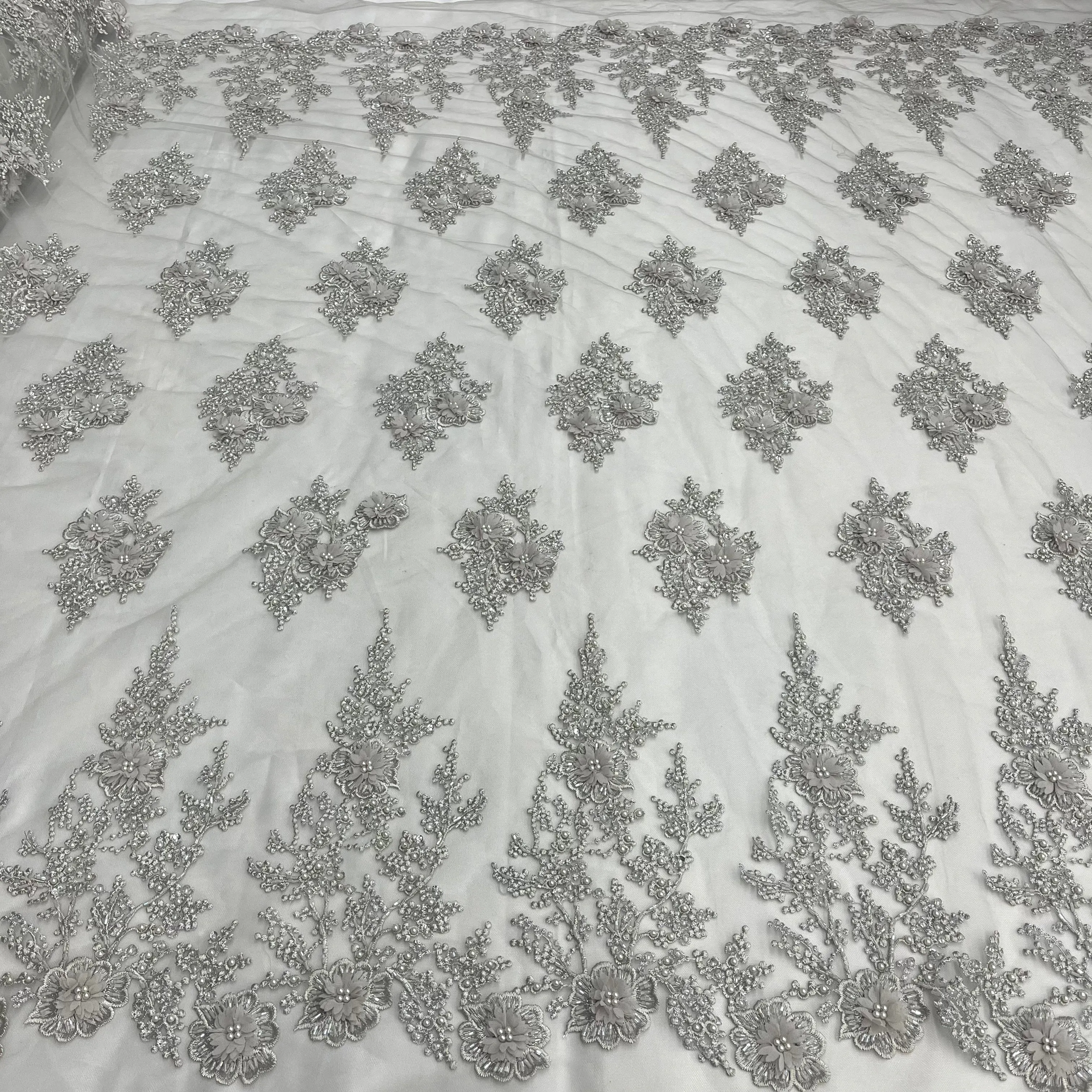 Beaded 3D Floral Lace Fabric Embroidered on 100% Polyester Net Mesh | Lace USA - GD-75