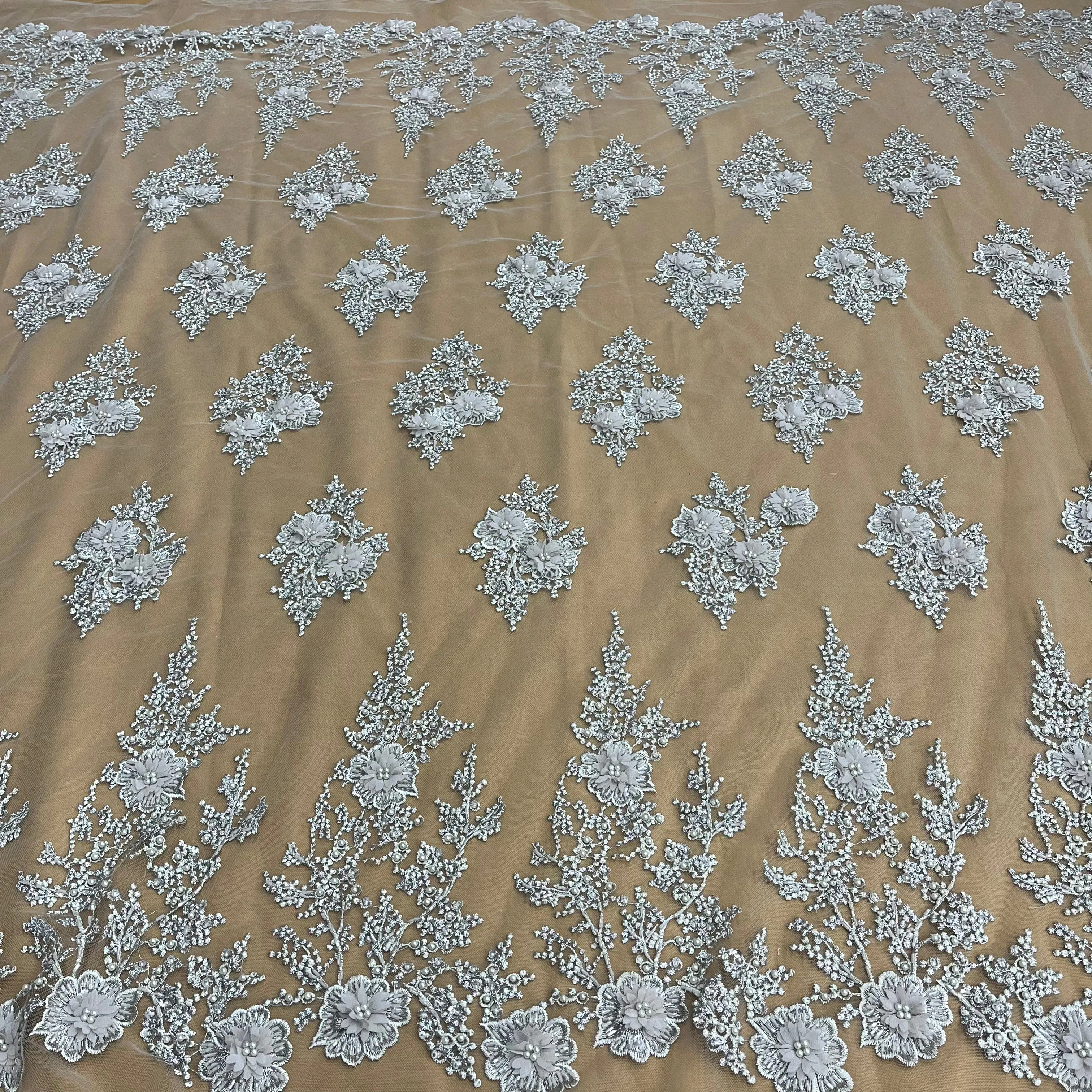 Beaded 3D Floral Lace Fabric Embroidered on 100% Polyester Net Mesh | Lace USA - GD-75