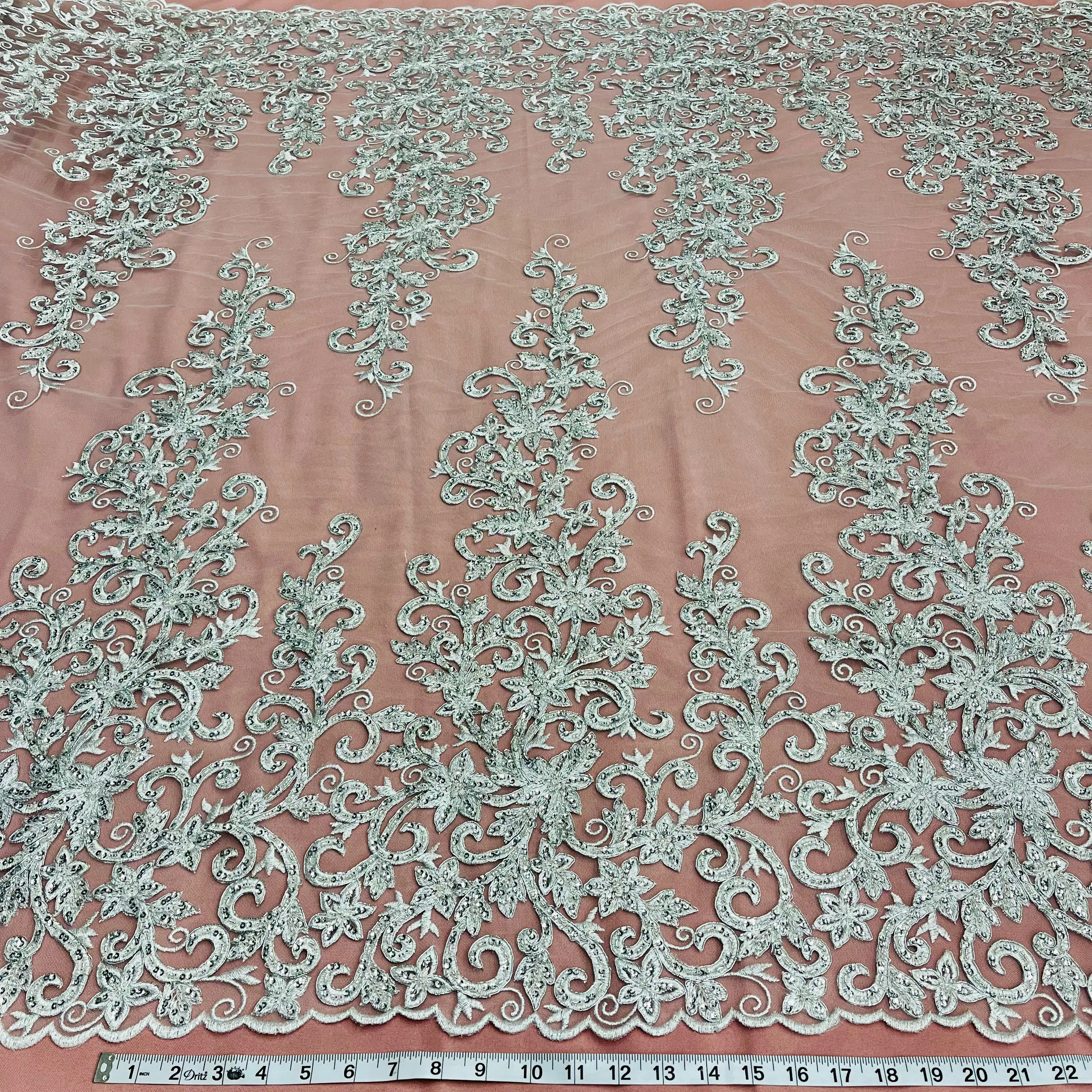 Beaded & Corded Bridal Fabric Lace Embroidered on 100% Polyester Net Mesh | Lace USA - 97219W-HB