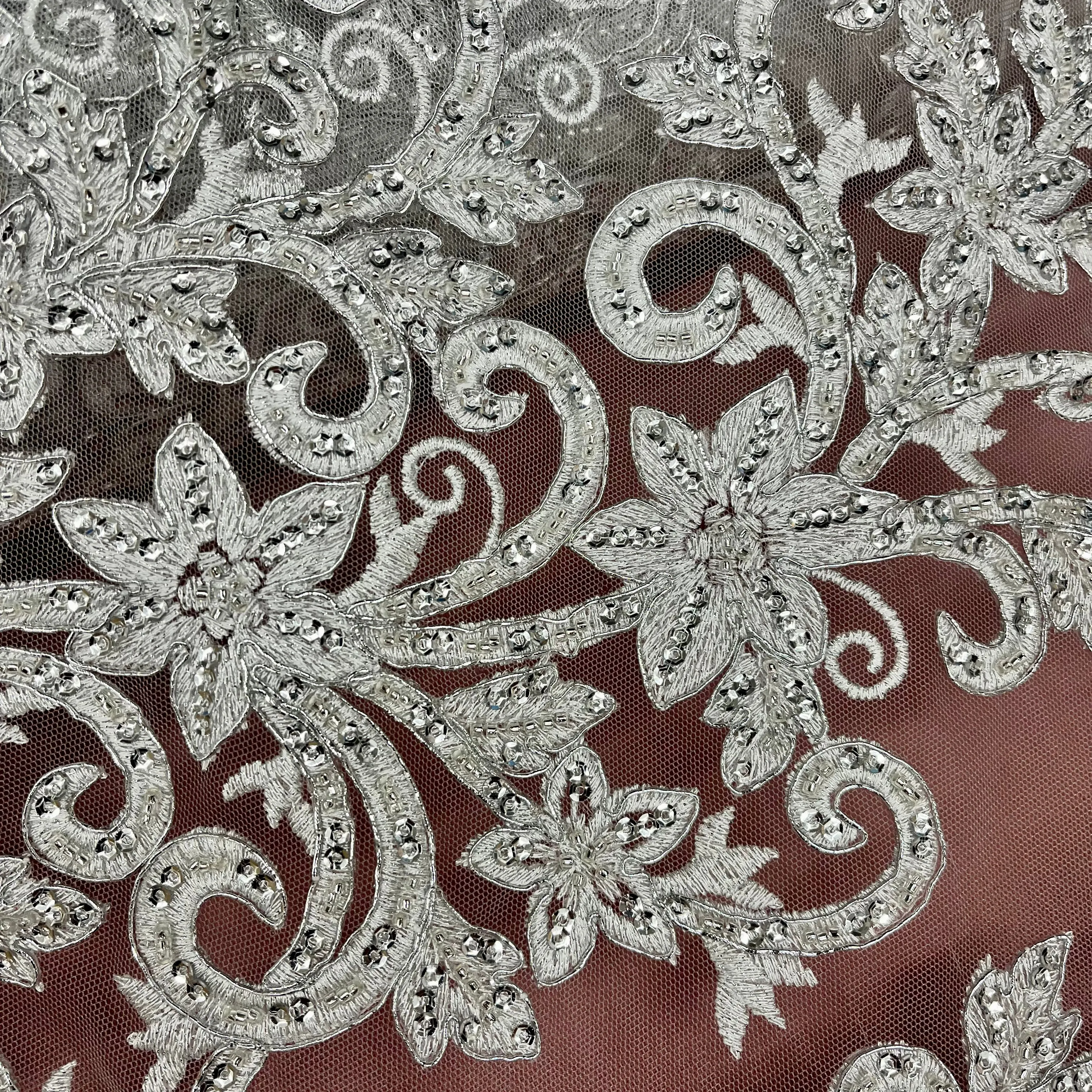 Beaded & Corded Bridal Fabric Lace Embroidered on 100% Polyester Net Mesh | Lace USA - 97219W-HB