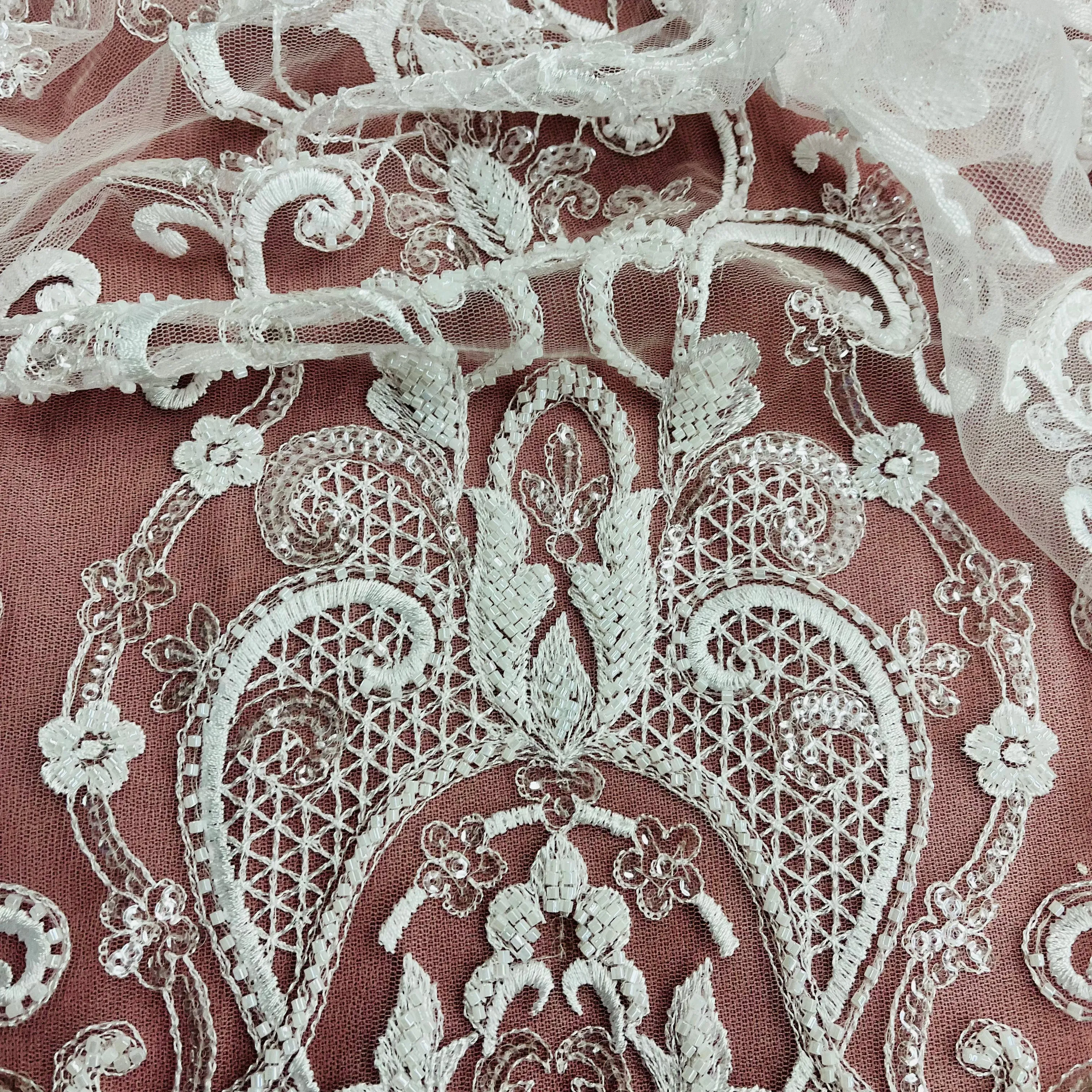 Beaded & Sequined Lace Fabric Embroidered on 100% Polyester Net Mesh | Lace USA - GD-12815