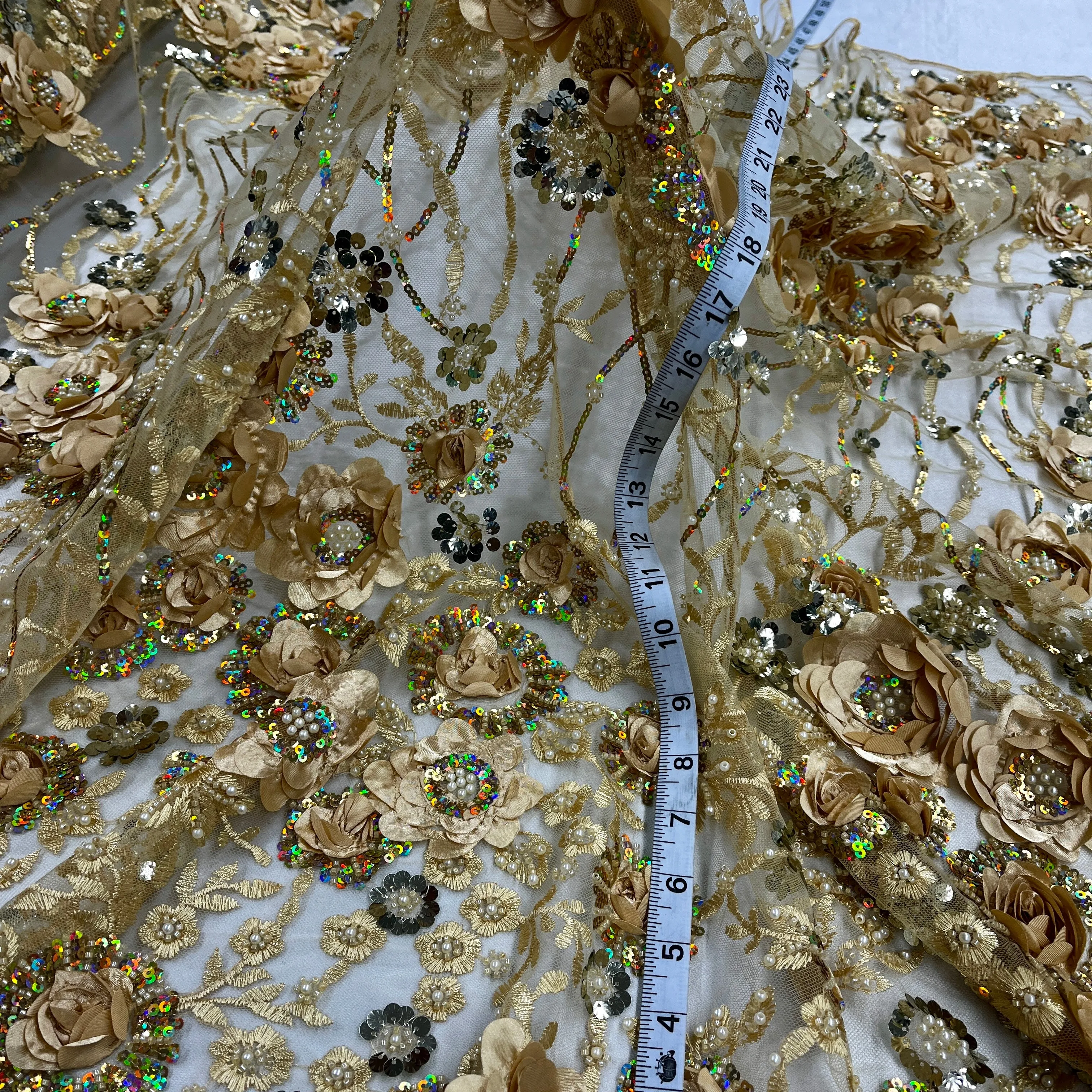 Beaded and Sequined 3D Floral Sparkling Lace Fabric Embroidered on 100% Polyester Net Mesh | Lace USA - GD-2211
