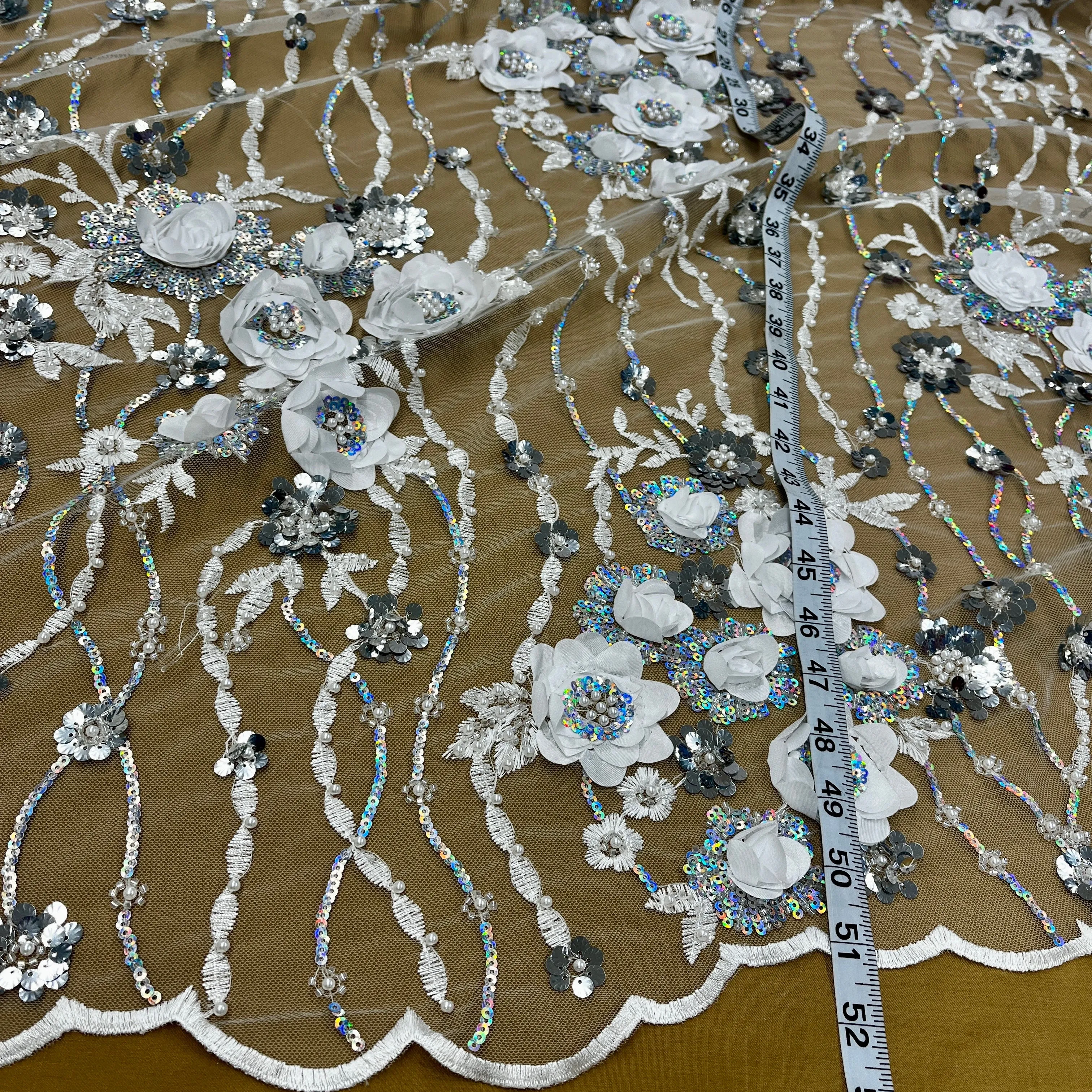 Beaded and Sequined 3D Floral Sparkling Lace Fabric Embroidered on 100% Polyester Net Mesh | Lace USA - GD-2211