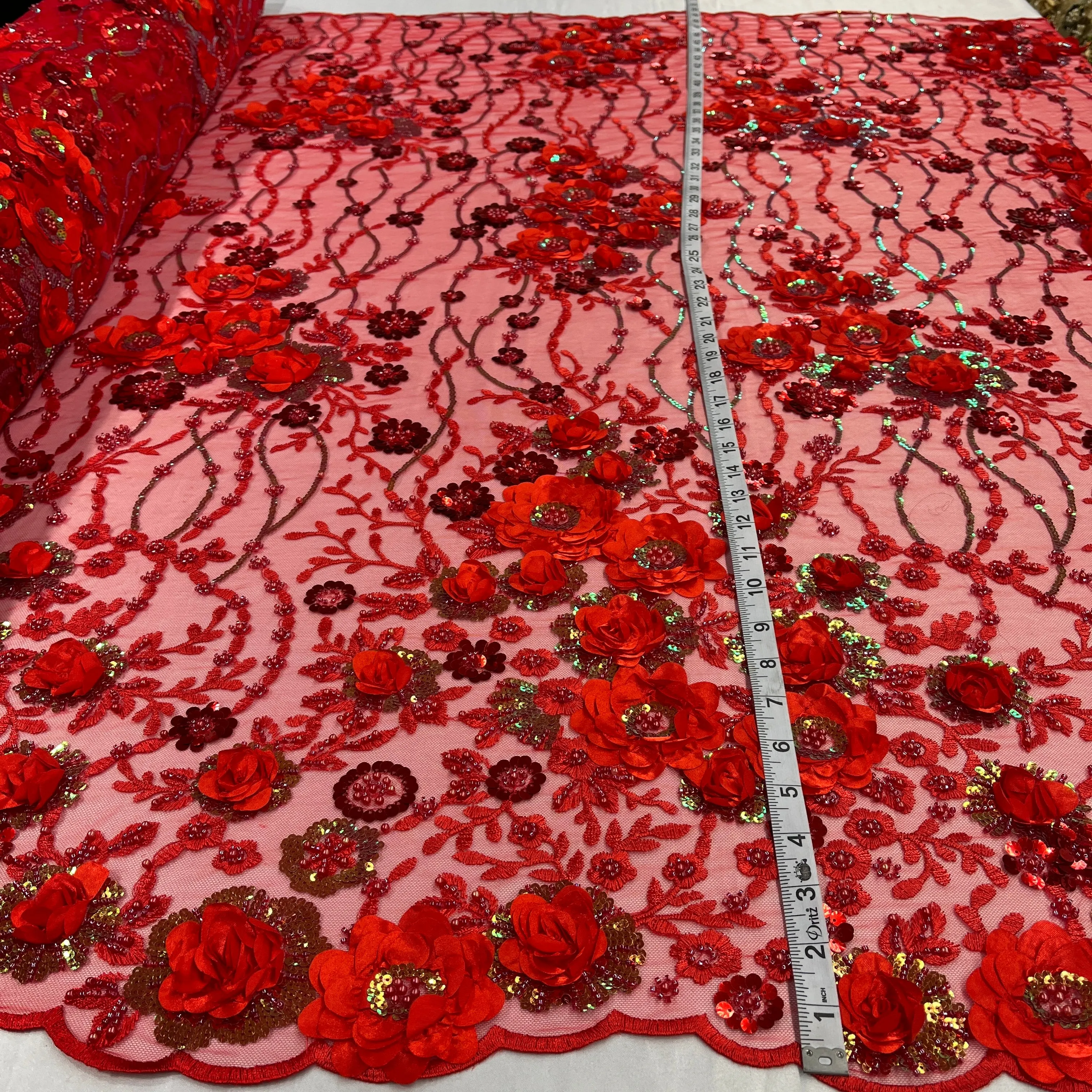 Beaded and Sequined 3D Floral Sparkling Lace Fabric Embroidered on 100% Polyester Net Mesh | Lace USA - GD-2211