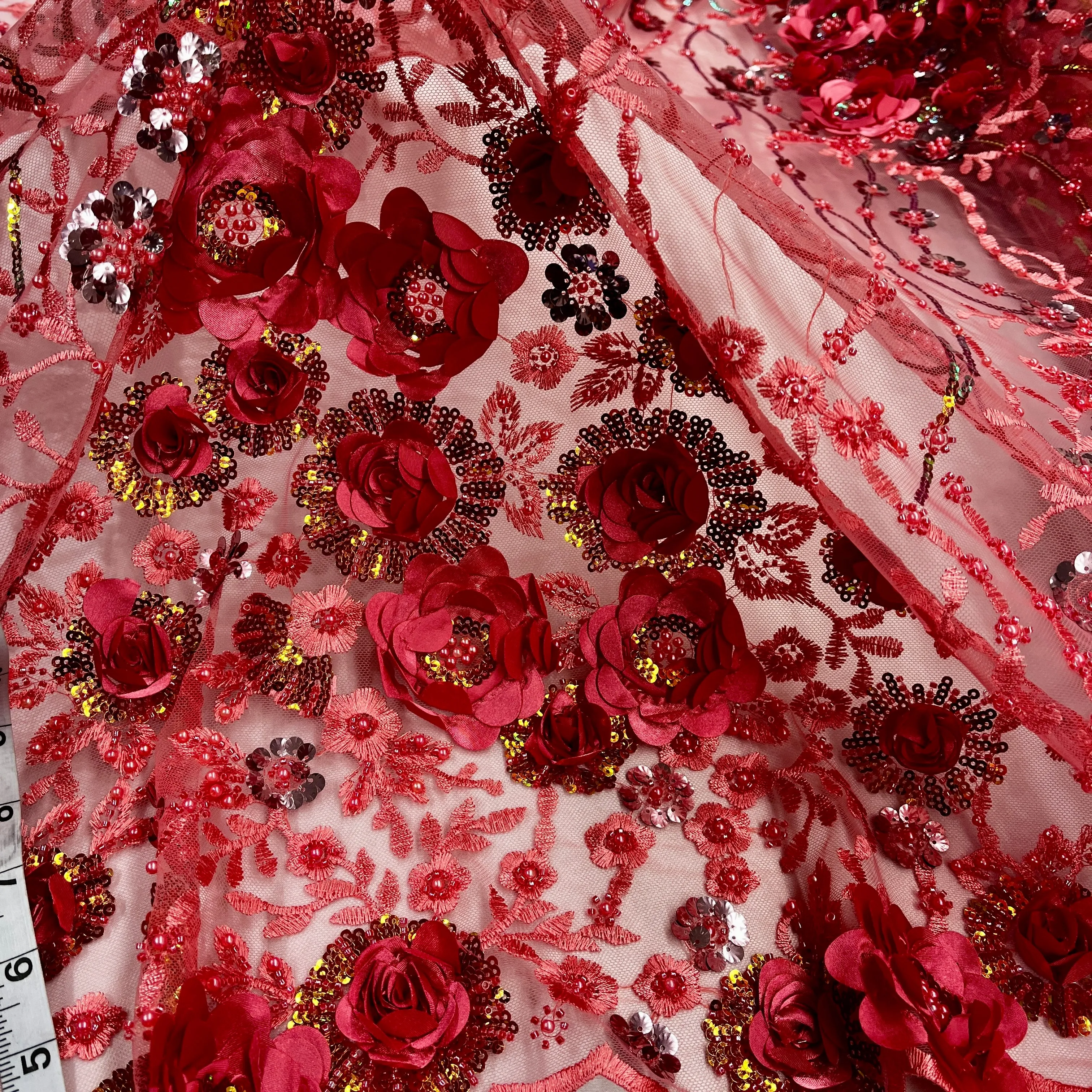 Beaded and Sequined 3D Floral Sparkling Lace Fabric Embroidered on 100% Polyester Net Mesh | Lace USA - GD-2211