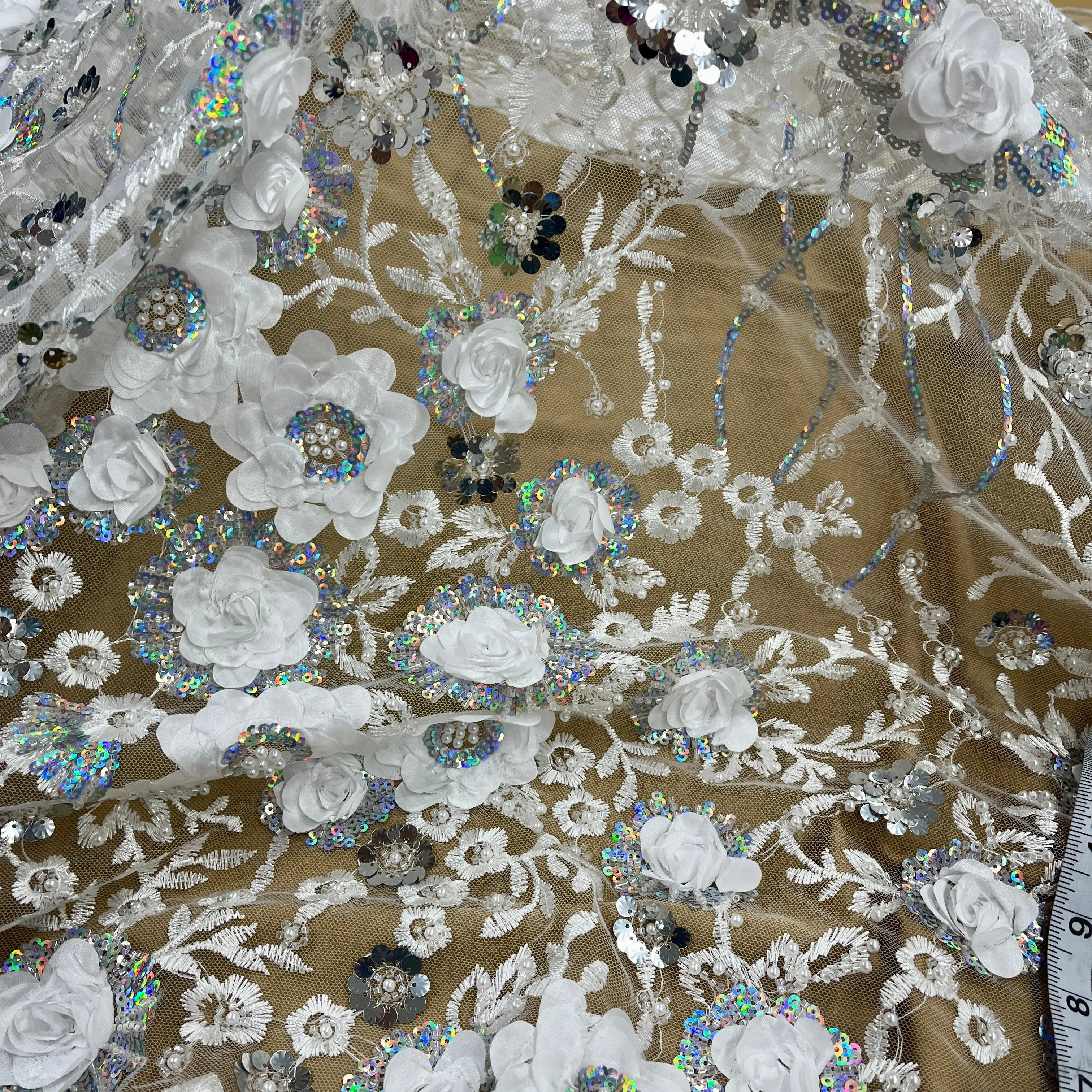Beaded and Sequined 3D Floral Sparkling Lace Fabric Embroidered on 100% Polyester Net Mesh | Lace USA - GD-2211