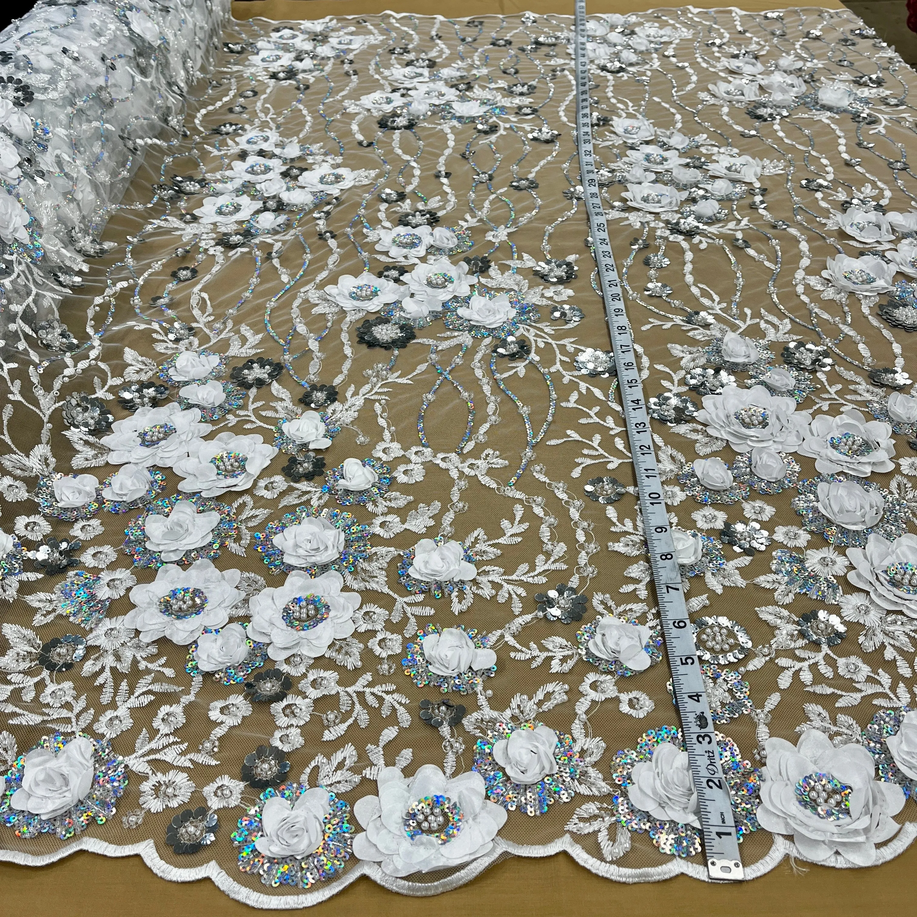 Beaded and Sequined 3D Floral Sparkling Lace Fabric Embroidered on 100% Polyester Net Mesh | Lace USA - GD-2211