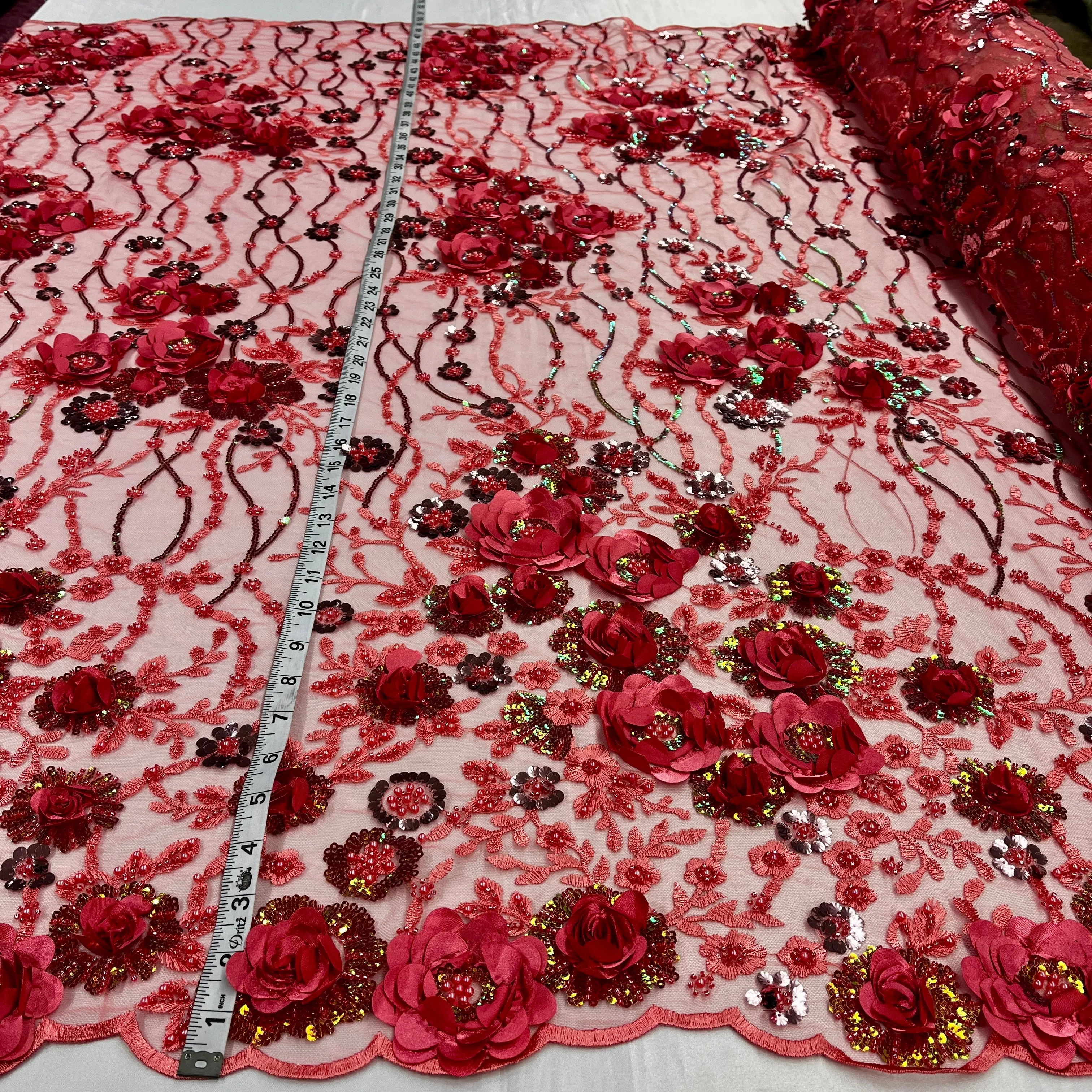 Beaded and Sequined 3D Floral Sparkling Lace Fabric Embroidered on 100% Polyester Net Mesh | Lace USA - GD-2211