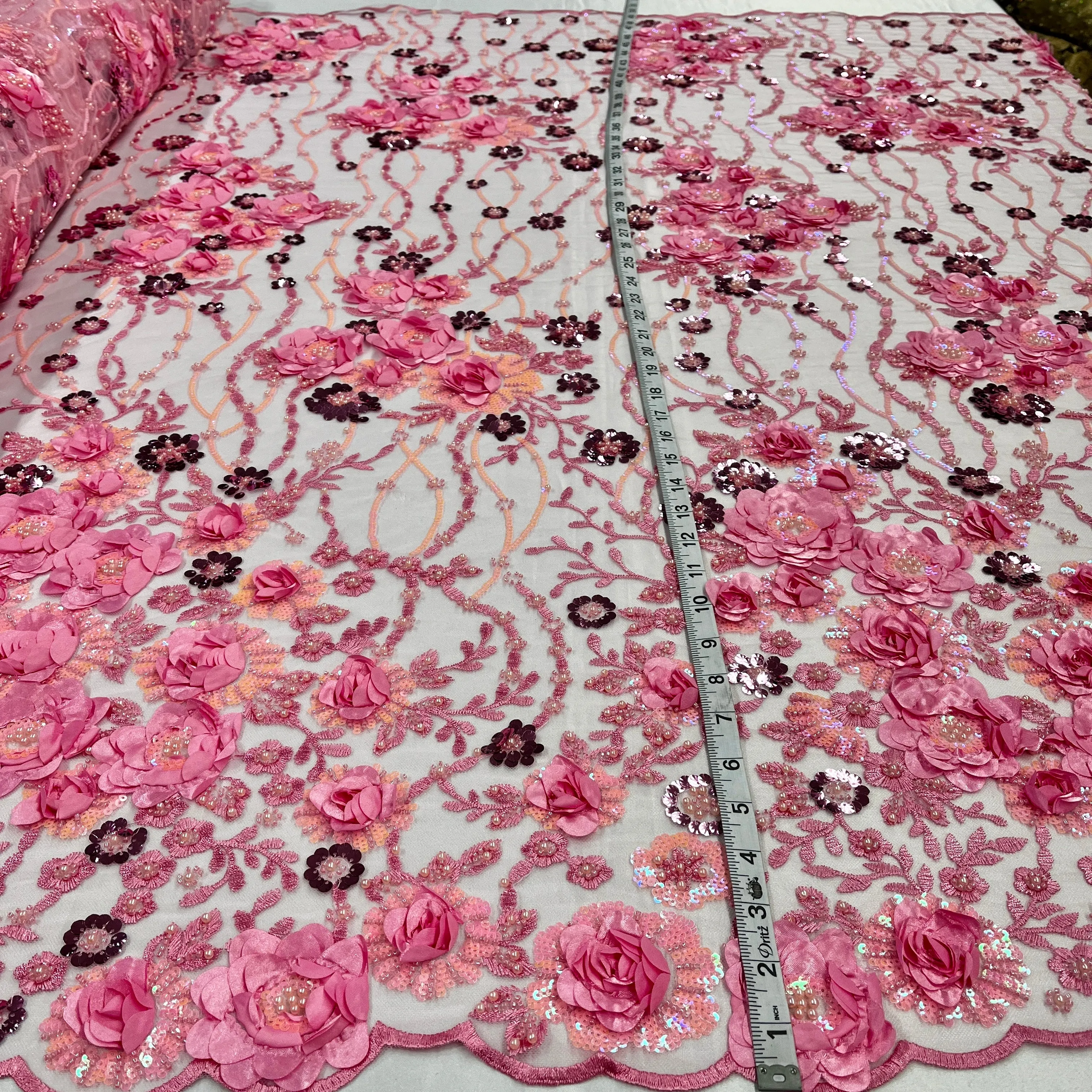 Beaded and Sequined 3D Floral Sparkling Lace Fabric Embroidered on 100% Polyester Net Mesh | Lace USA - GD-2211