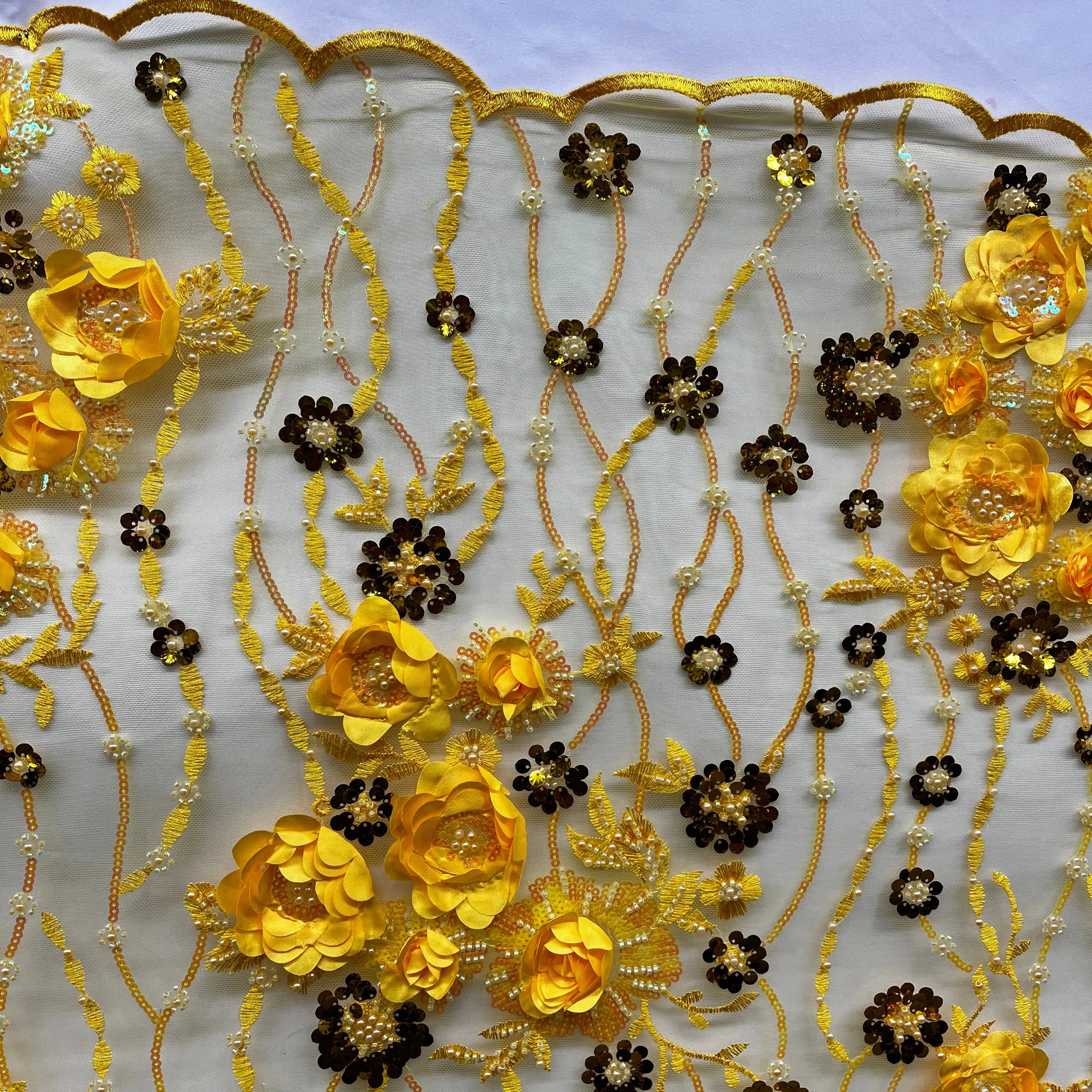 Beaded and Sequined 3D Floral Sparkling Lace Fabric Embroidered on 100% Polyester Net Mesh | Lace USA - GD-2211