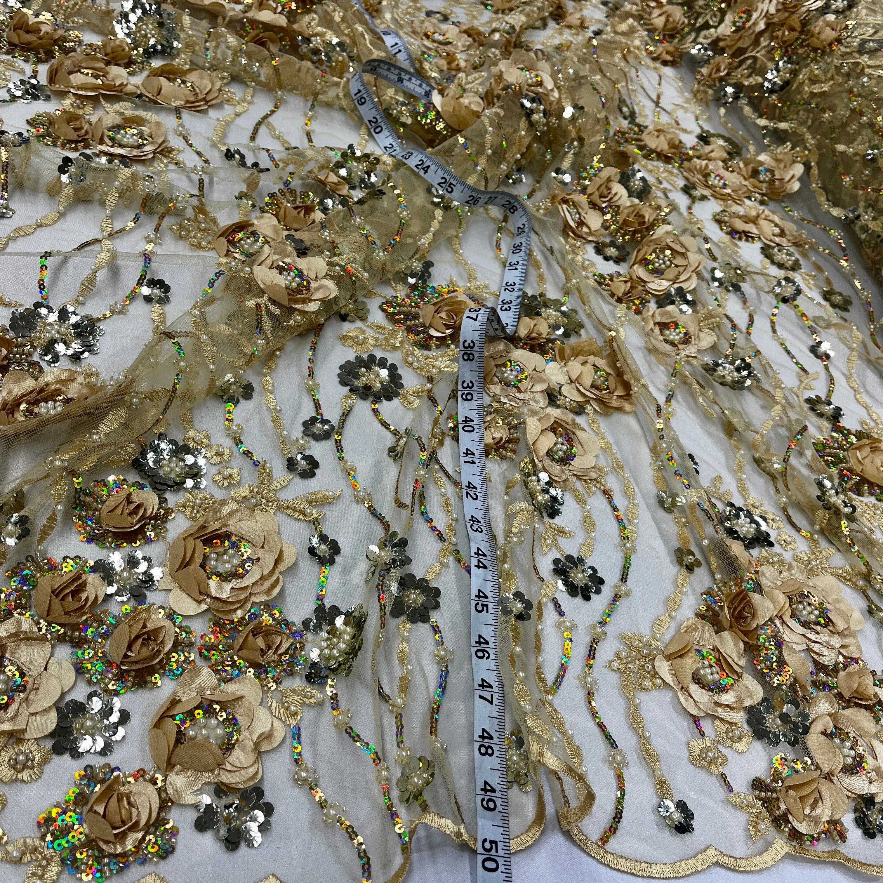 Beaded and Sequined 3D Floral Sparkling Lace Fabric Embroidered on 100% Polyester Net Mesh | Lace USA - GD-2211