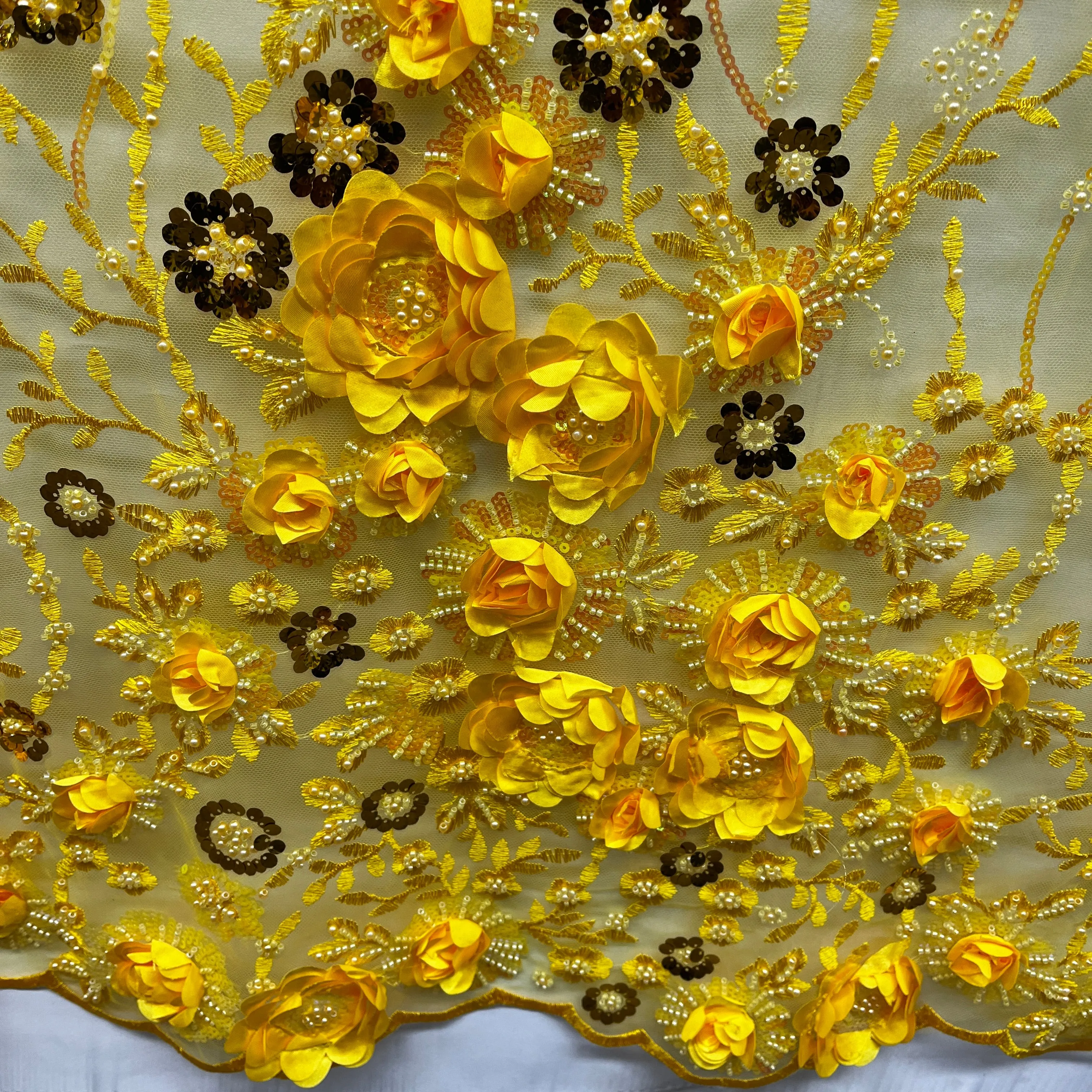 Beaded and Sequined 3D Floral Sparkling Lace Fabric Embroidered on 100% Polyester Net Mesh | Lace USA - GD-2211
