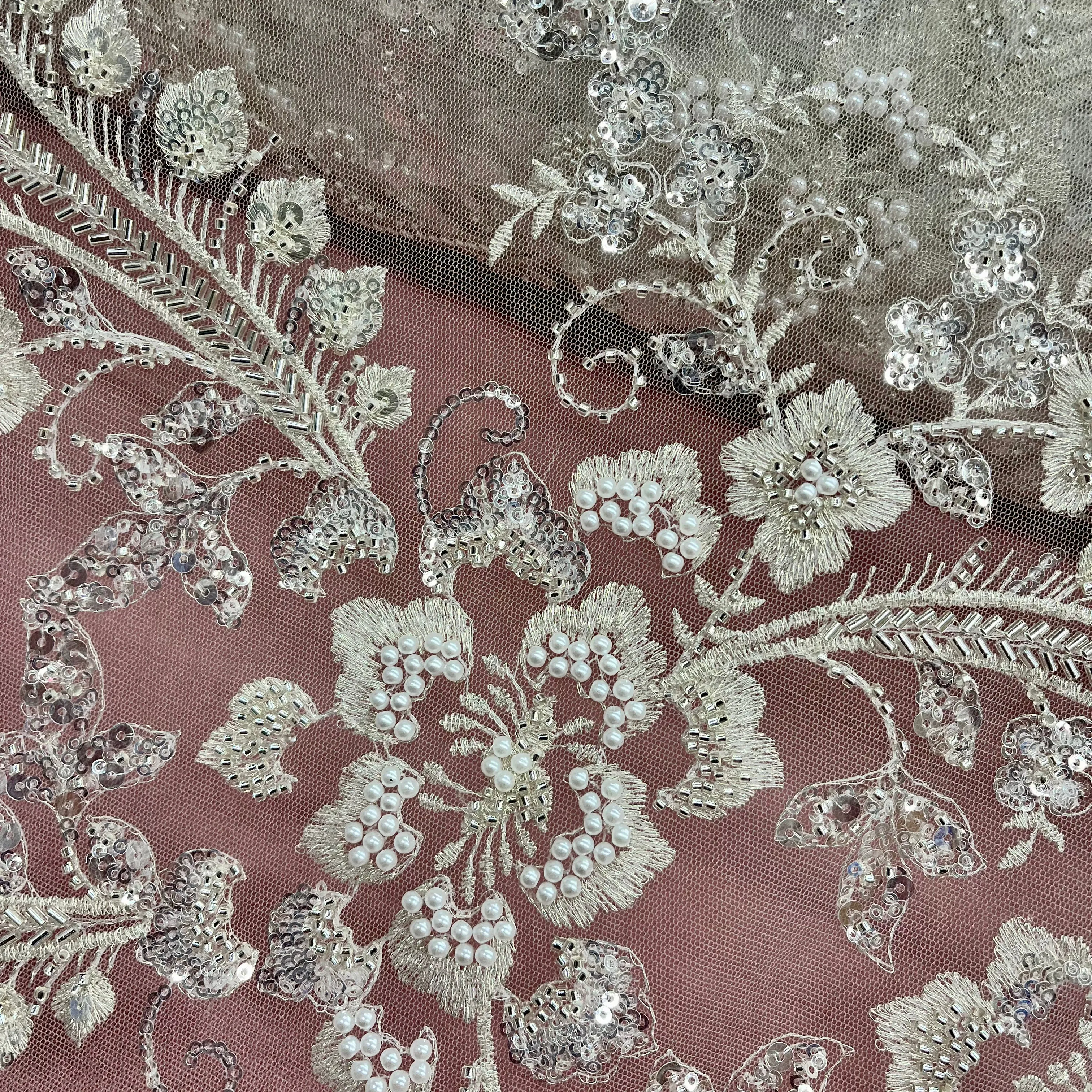 Beaded Lace Fabric Embroidered on 100% Polyester Net Mesh | Lace USA - GD-220702