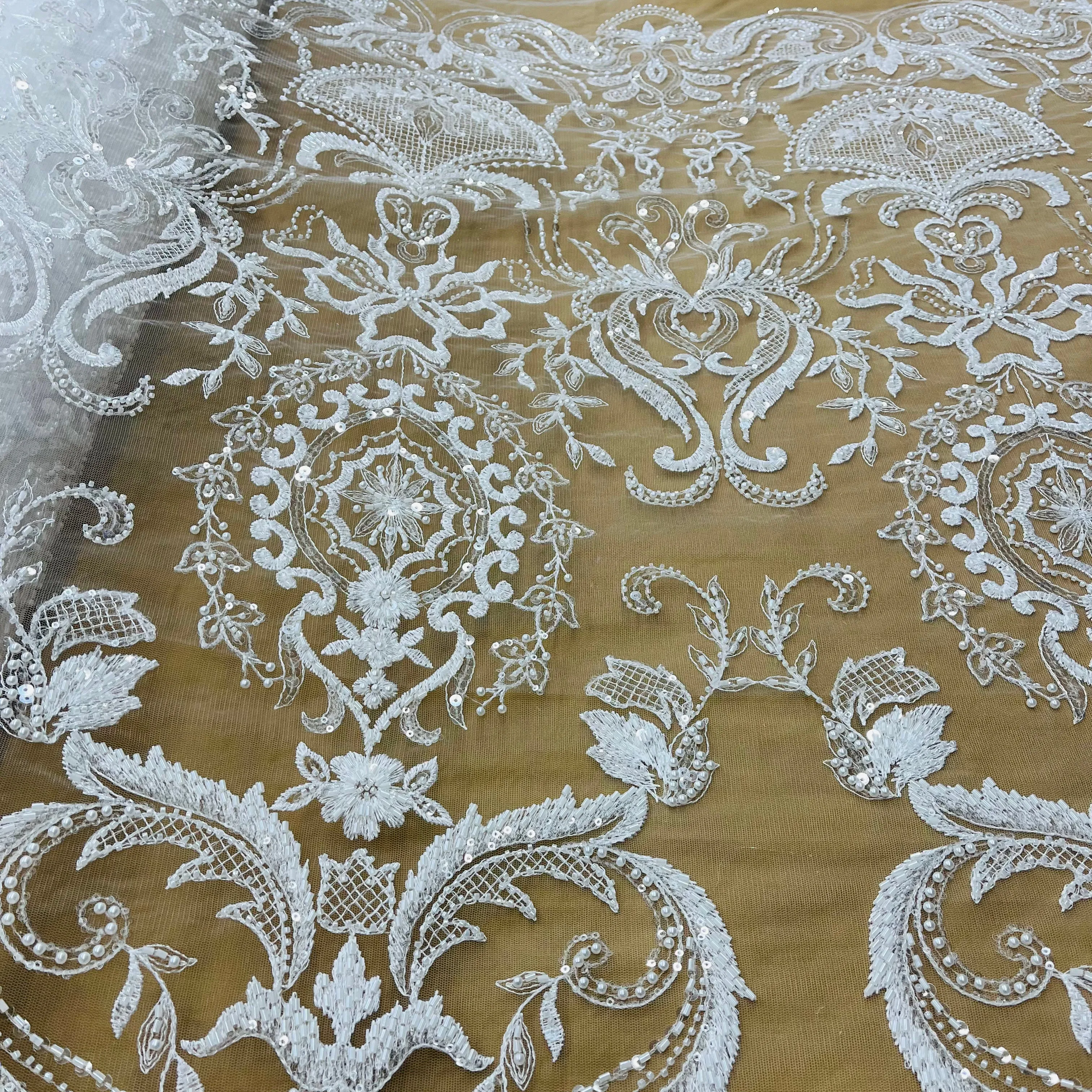 Beaded Lace Fabric Embroidered on 100% Polyester Net Mesh | Lace USA - GD-220707