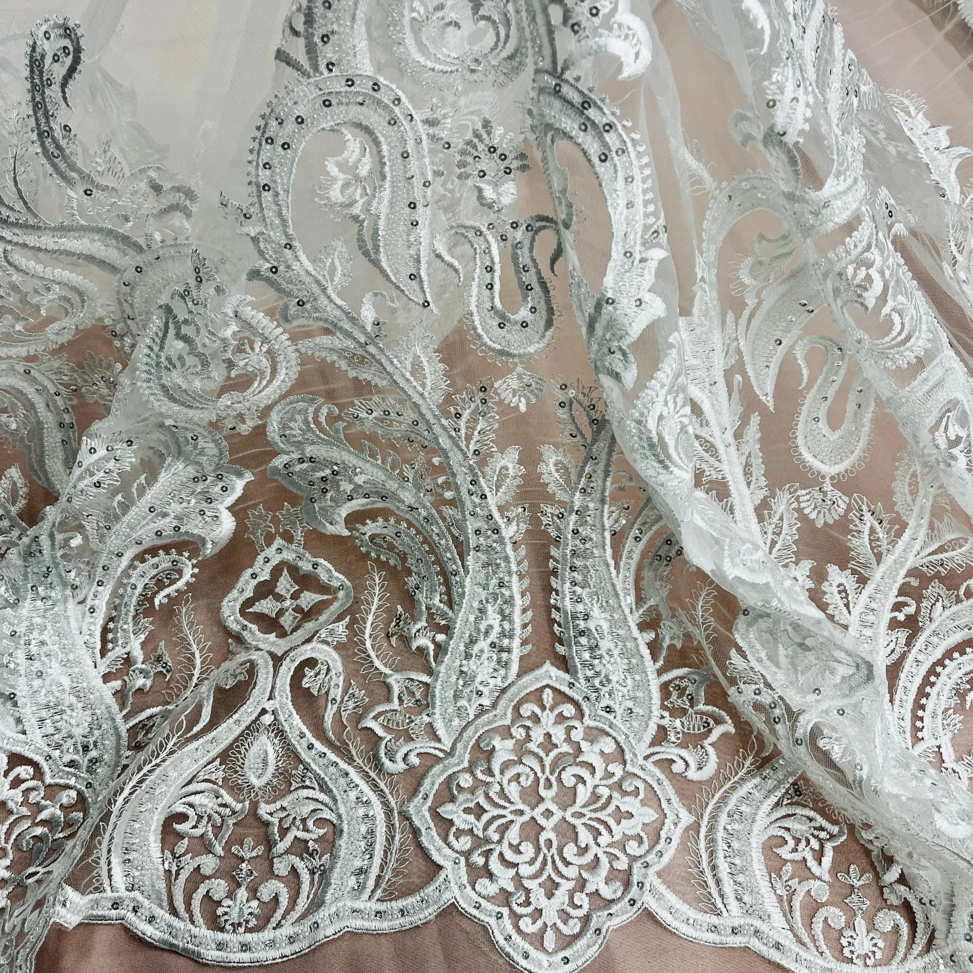 Beaded Lace Fabric Embroidered on 100% Polyester Net Mesh | Lace USA - GD-61416