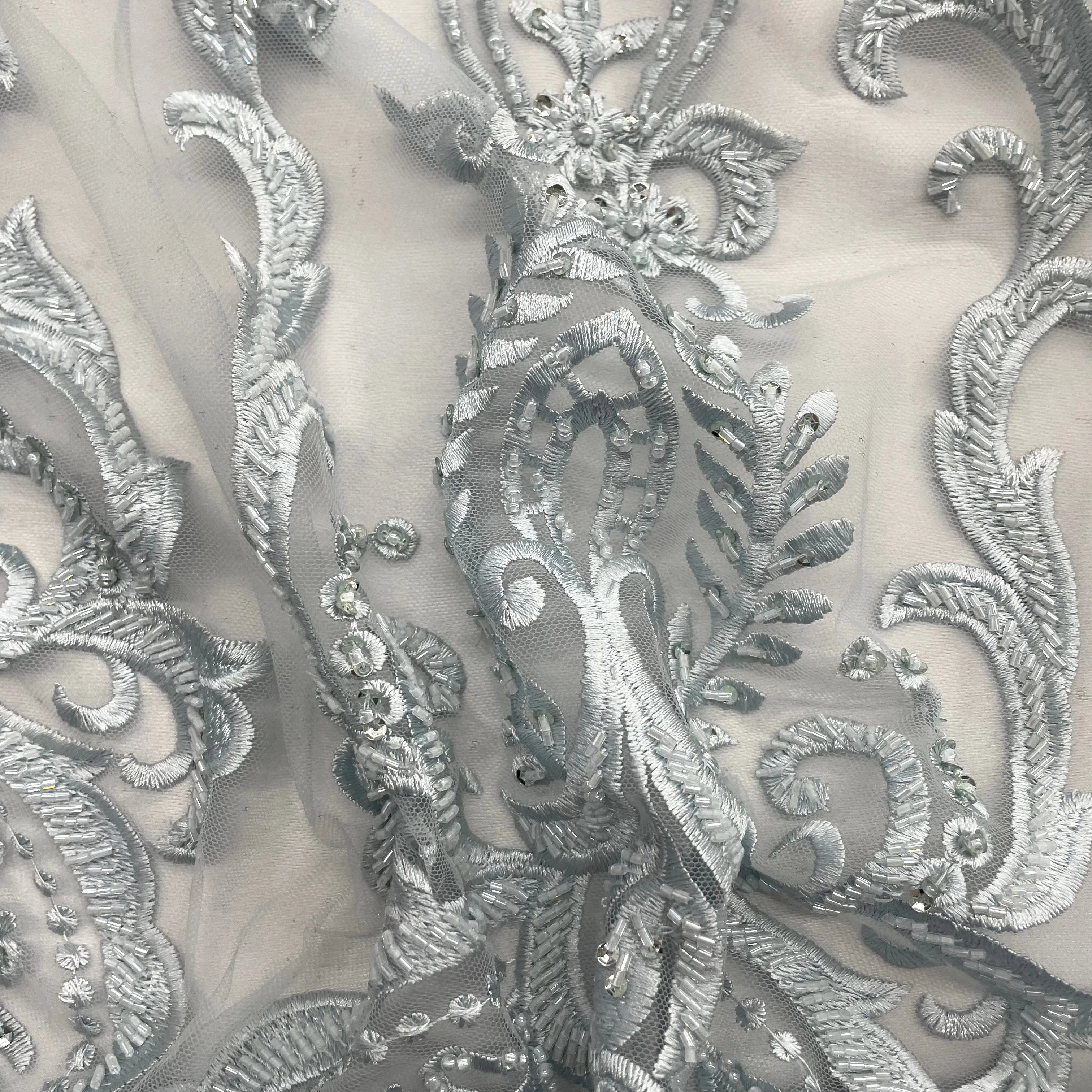 Beaded Lace Fabric Embroidered on 100% Polyester Net Mesh | Lace USA - GD-9117