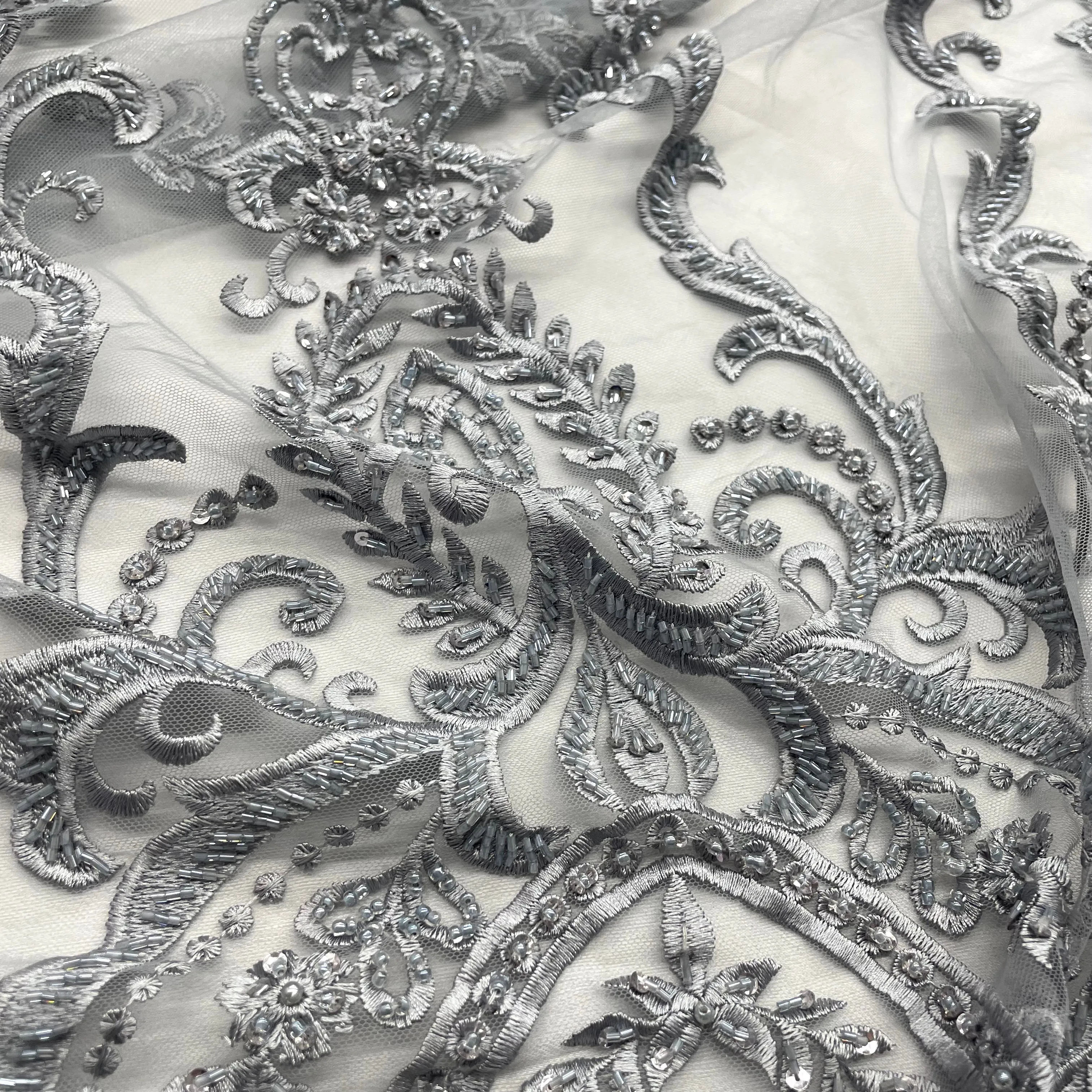 Beaded Lace Fabric Embroidered on 100% Polyester Net Mesh | Lace USA - GD-9117