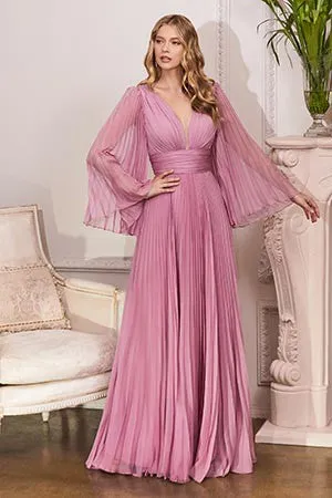 Bella Mon Cherie Yellow Pleated Bell Sleeve Chiffon Maxi Gown