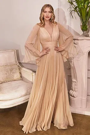 Bella Mon Cherie Yellow Pleated Bell Sleeve Chiffon Maxi Gown