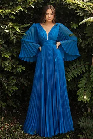 Bella Mon Cherie Yellow Pleated Bell Sleeve Chiffon Maxi Gown