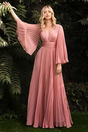 Bella Mon Cherie Yellow Pleated Bell Sleeve Chiffon Maxi Gown