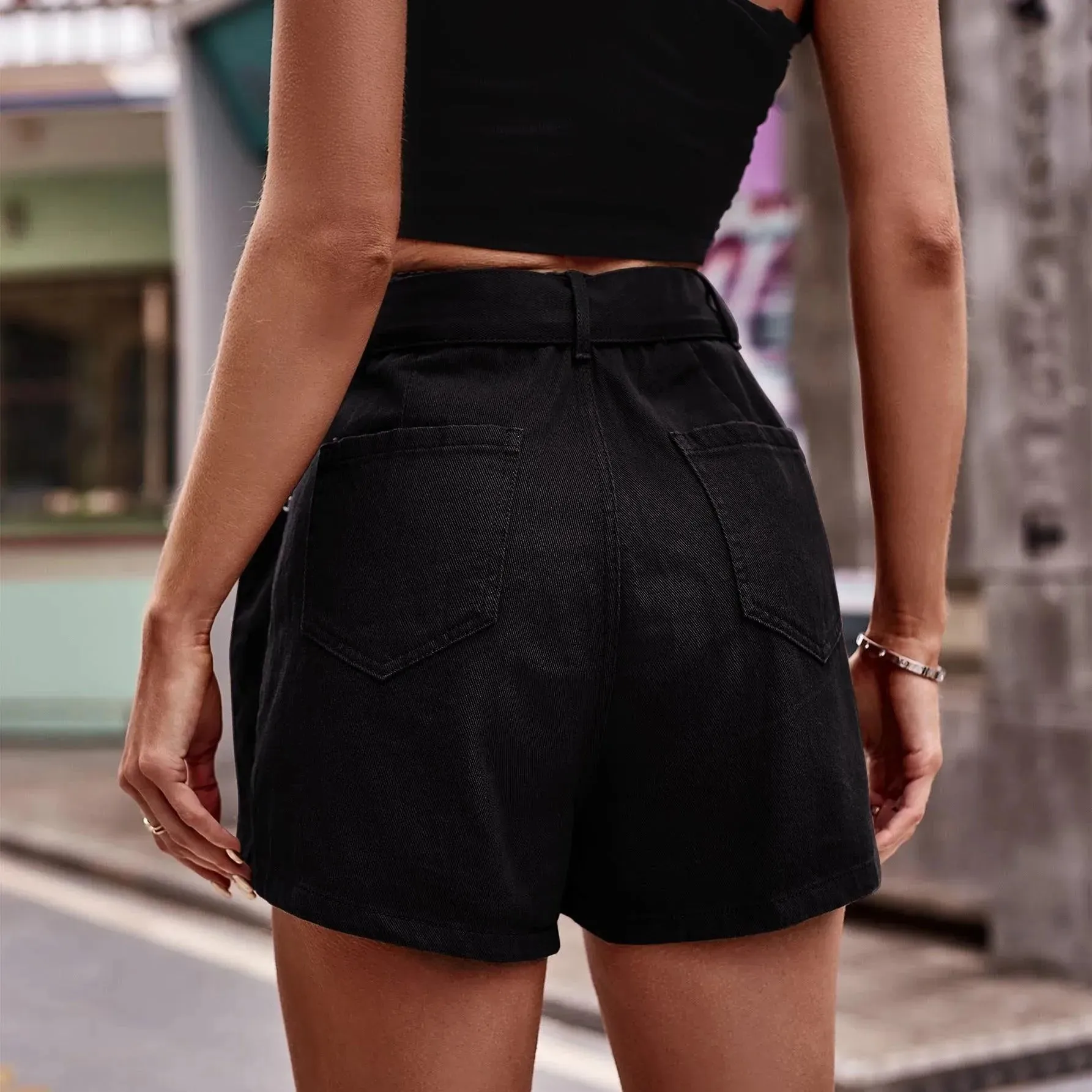 Belted Pocketed Denim Shorts for Casual Wear