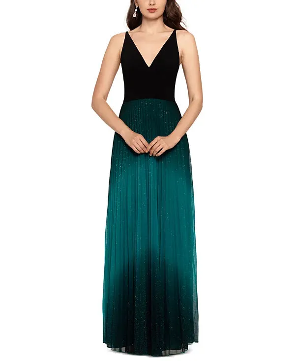 Betsy & Adam Pleated Glitter-Skirt Gown  Color Black/Teal Green Size 8