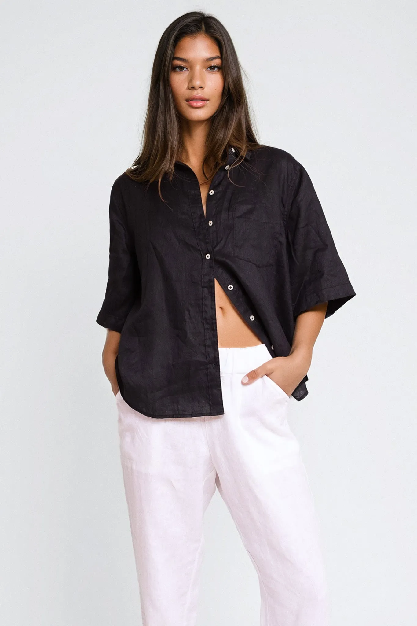 Black Short Sleeve Boyfriend Linen Shirt