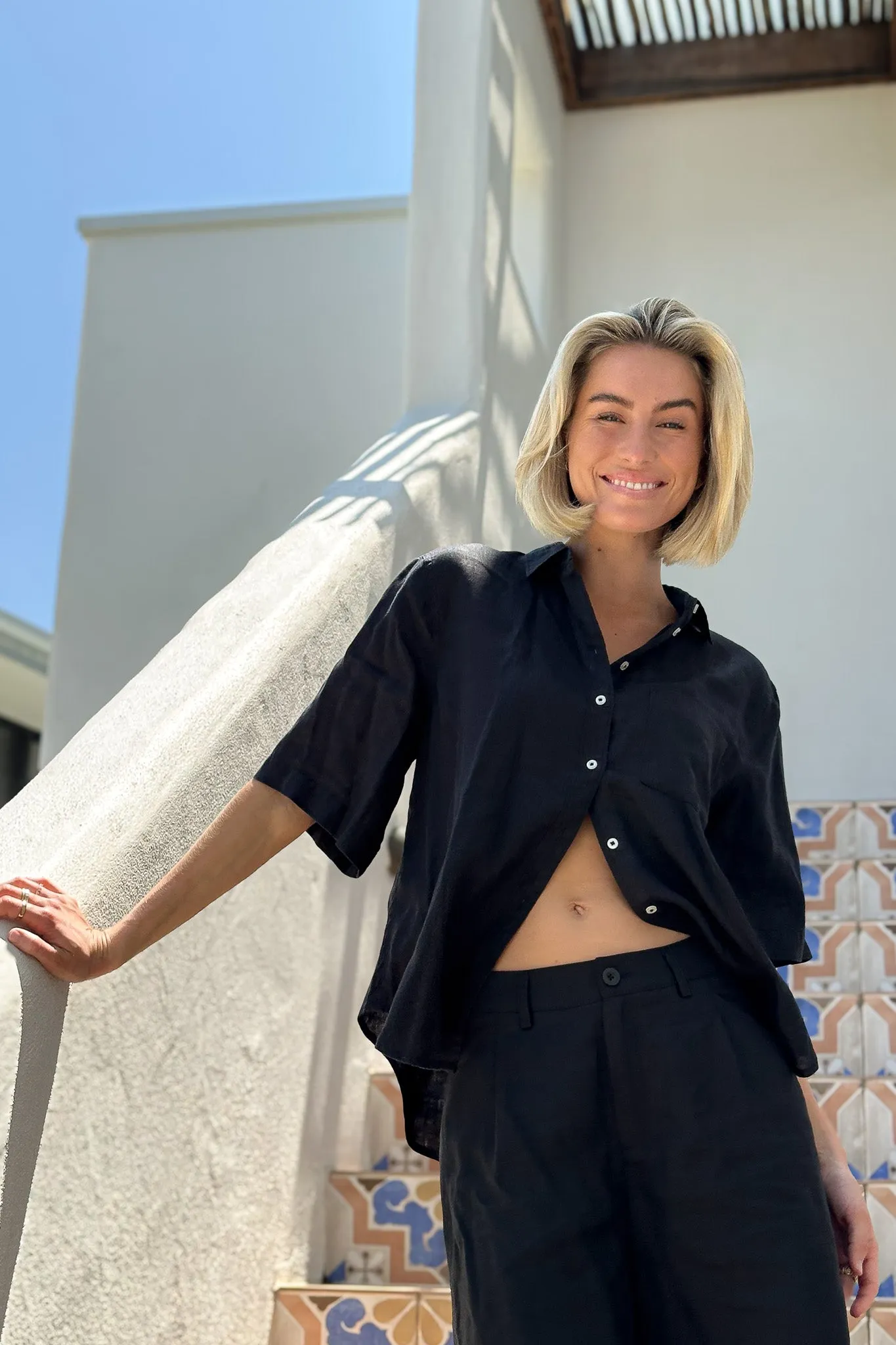 Black Short Sleeve Boyfriend Linen Shirt