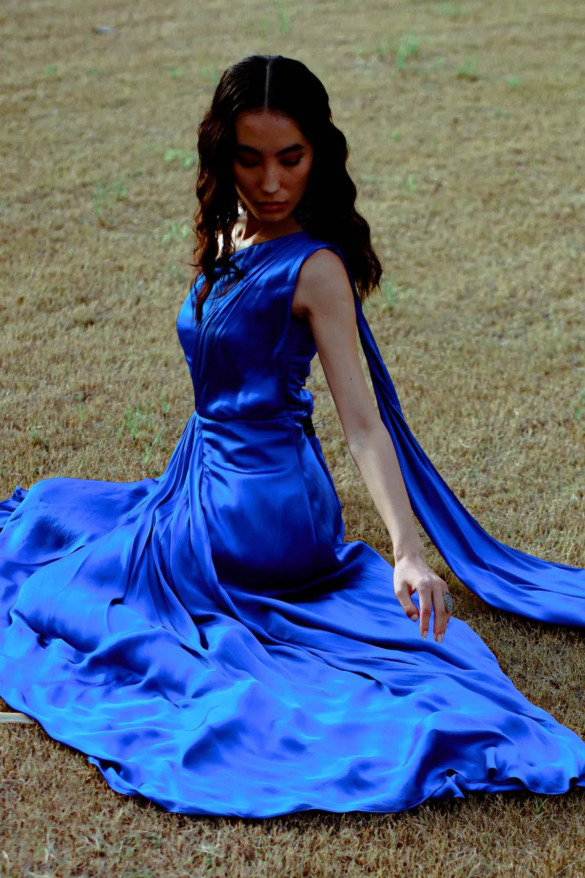 Blue One-Shoulder Draped Gown
