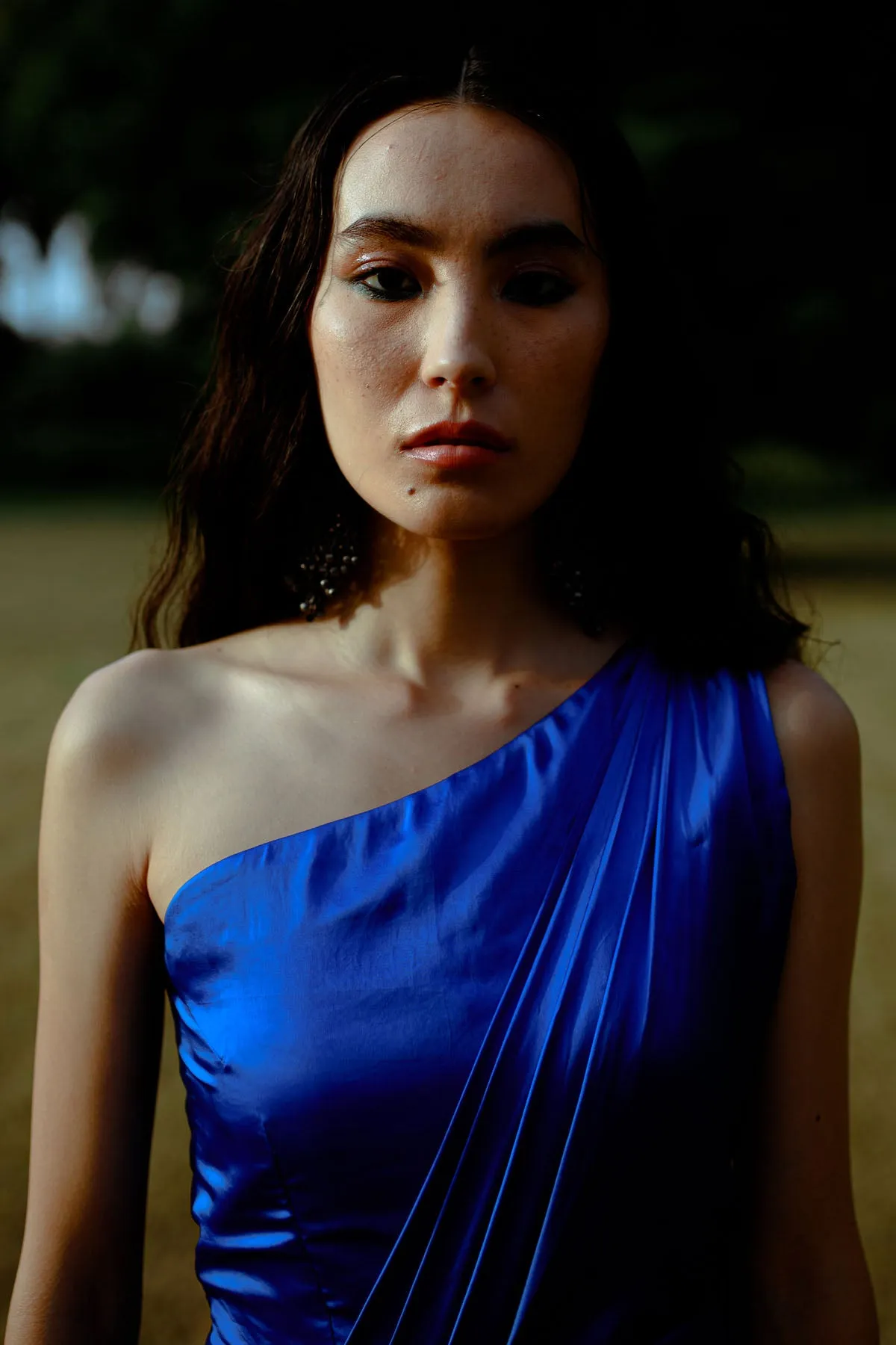 Blue One-Shoulder Draped Gown