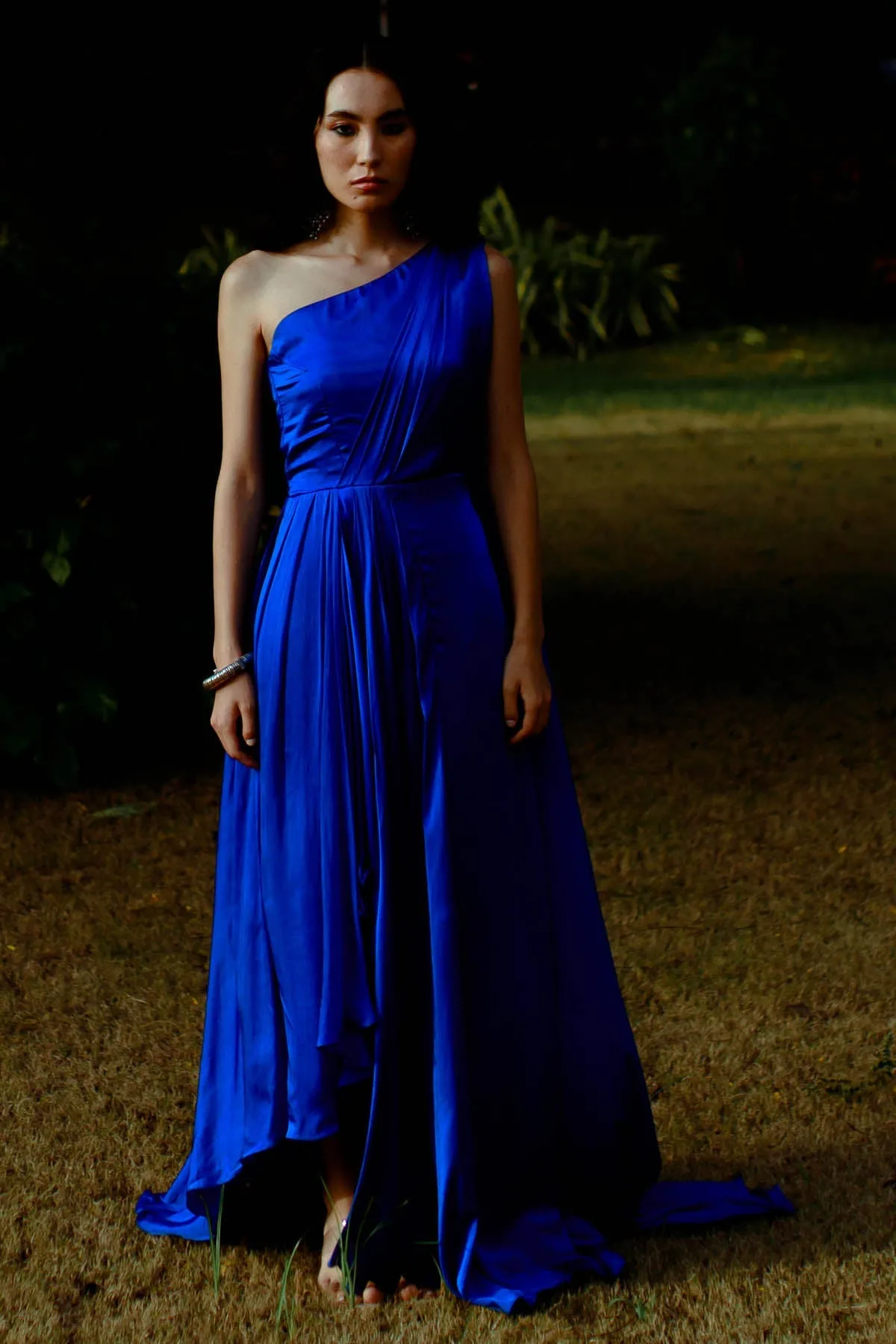 Blue One-Shoulder Draped Gown
