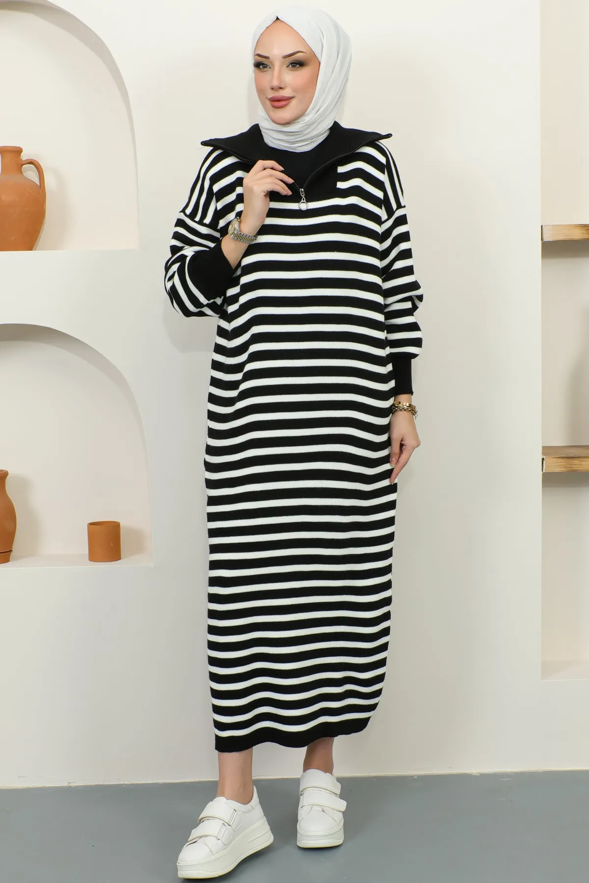 BNG Women Black Striped Sweater Dress with Zipper on the Neck - Clermont