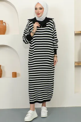 BNG Women Black Striped Sweater Dress with Zipper on the Neck - Clermont