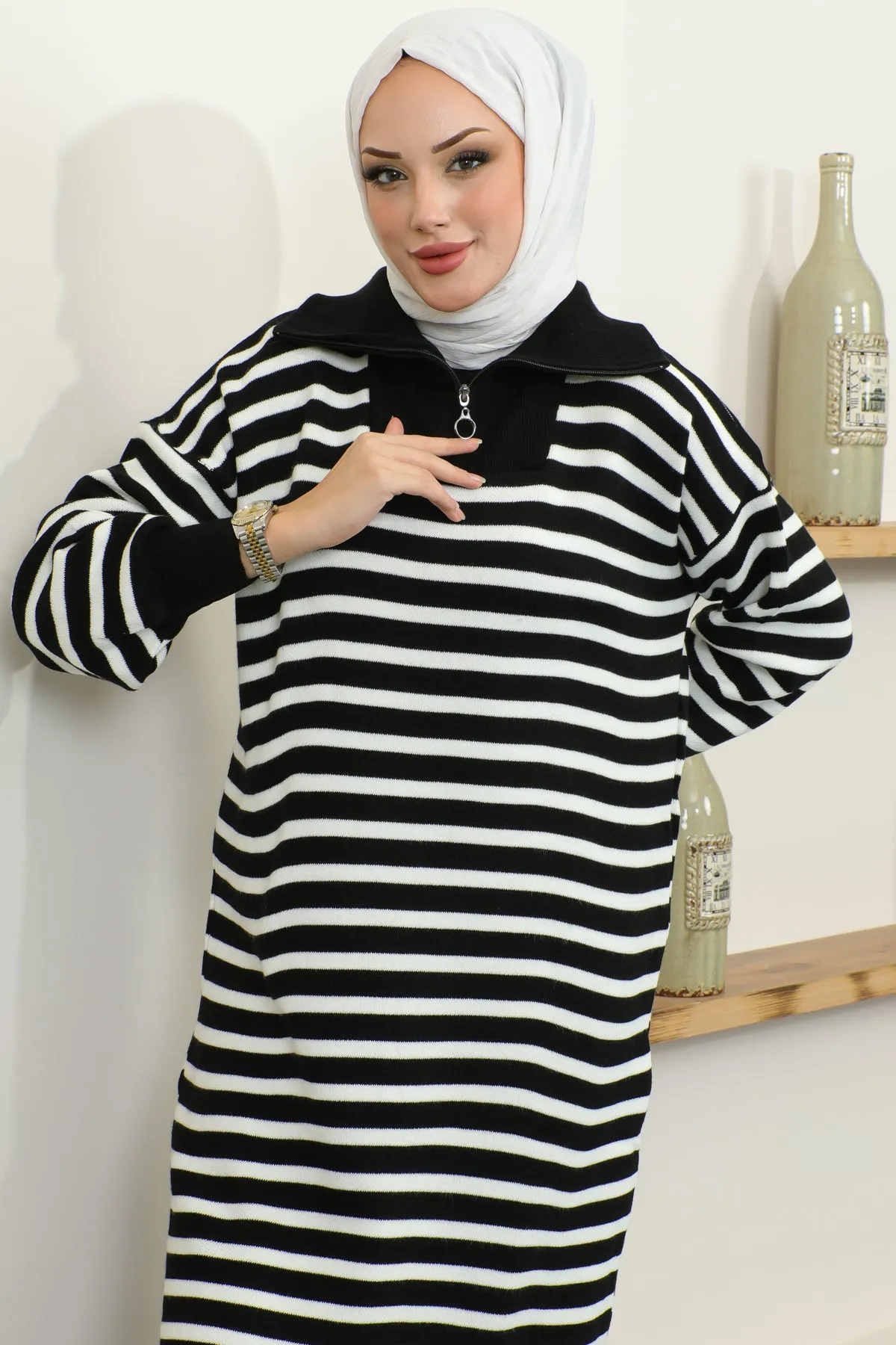 BNG Women Black Striped Sweater Dress with Zipper on the Neck - Clermont