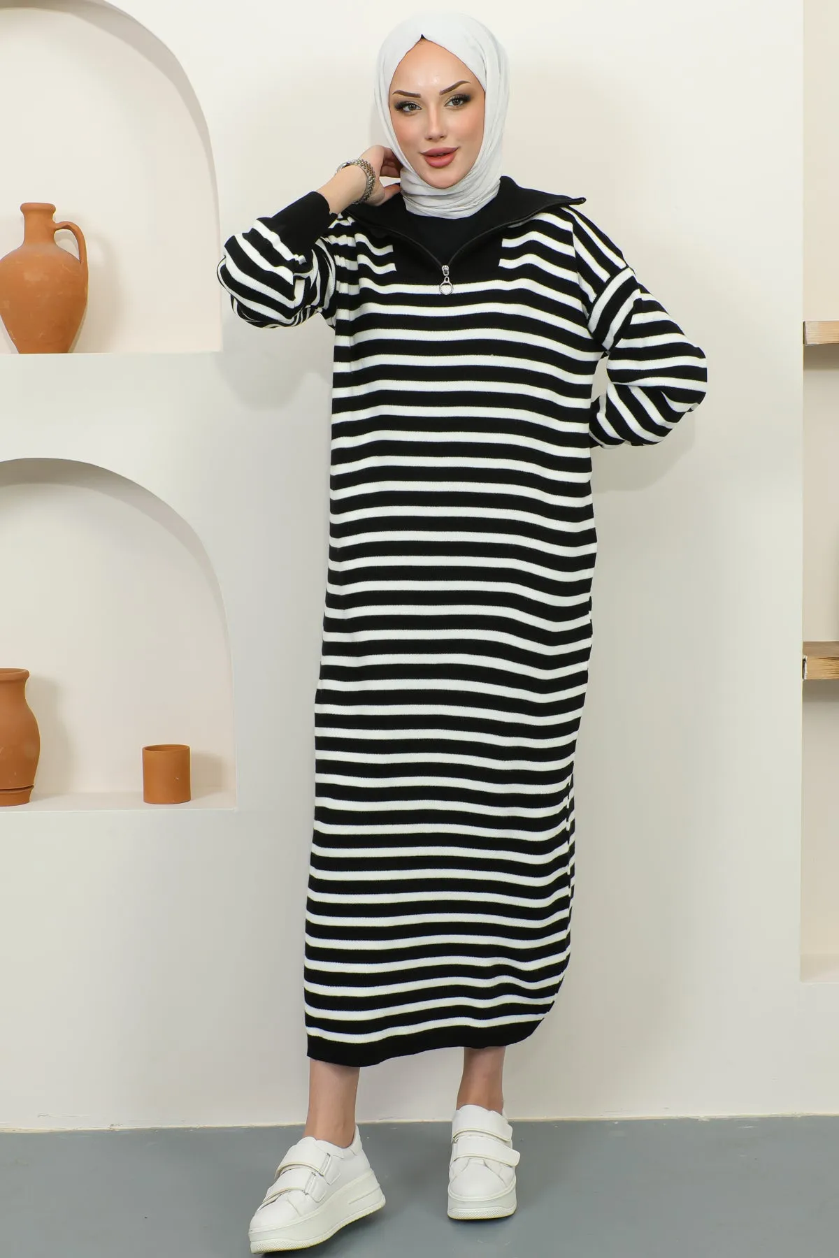 BNG Women Black Striped Sweater Dress with Zipper on the Neck - Clermont