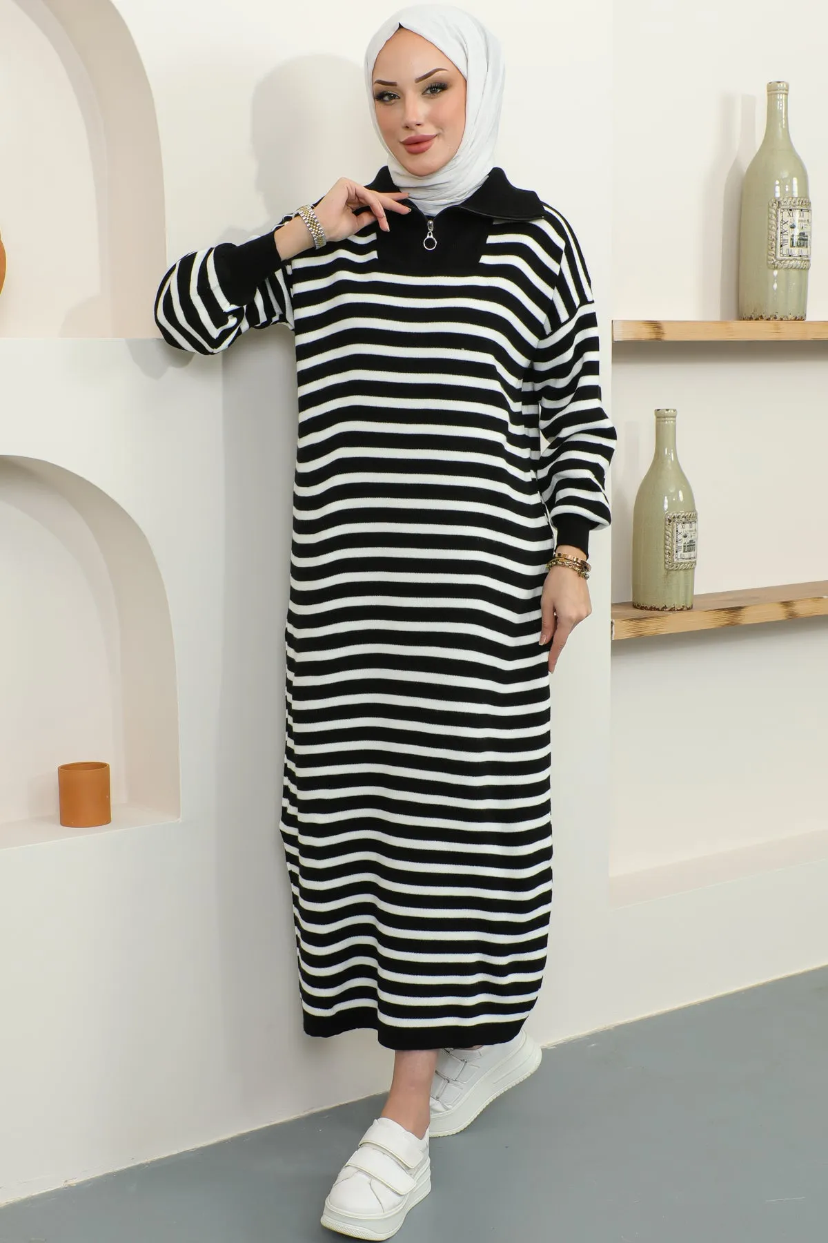 BNG Women Black Striped Sweater Dress with Zipper on the Neck - Clermont