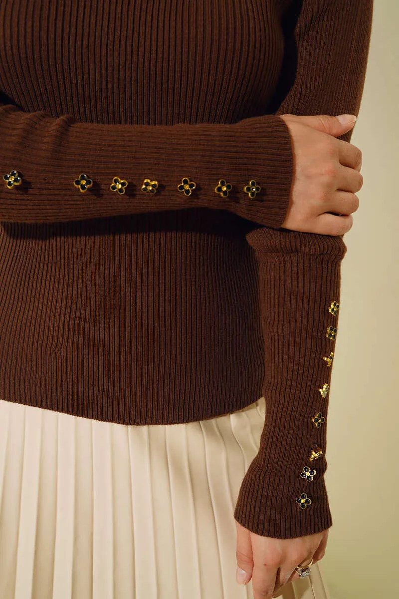 BNG Women Brown Fisherman Collar Cardigan with Buttons - Clermont