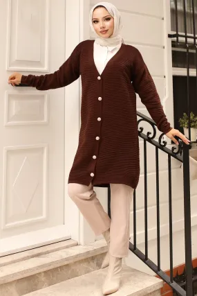 BNG Women Button Detailed Ribbed Cardigan Brown - Clermont