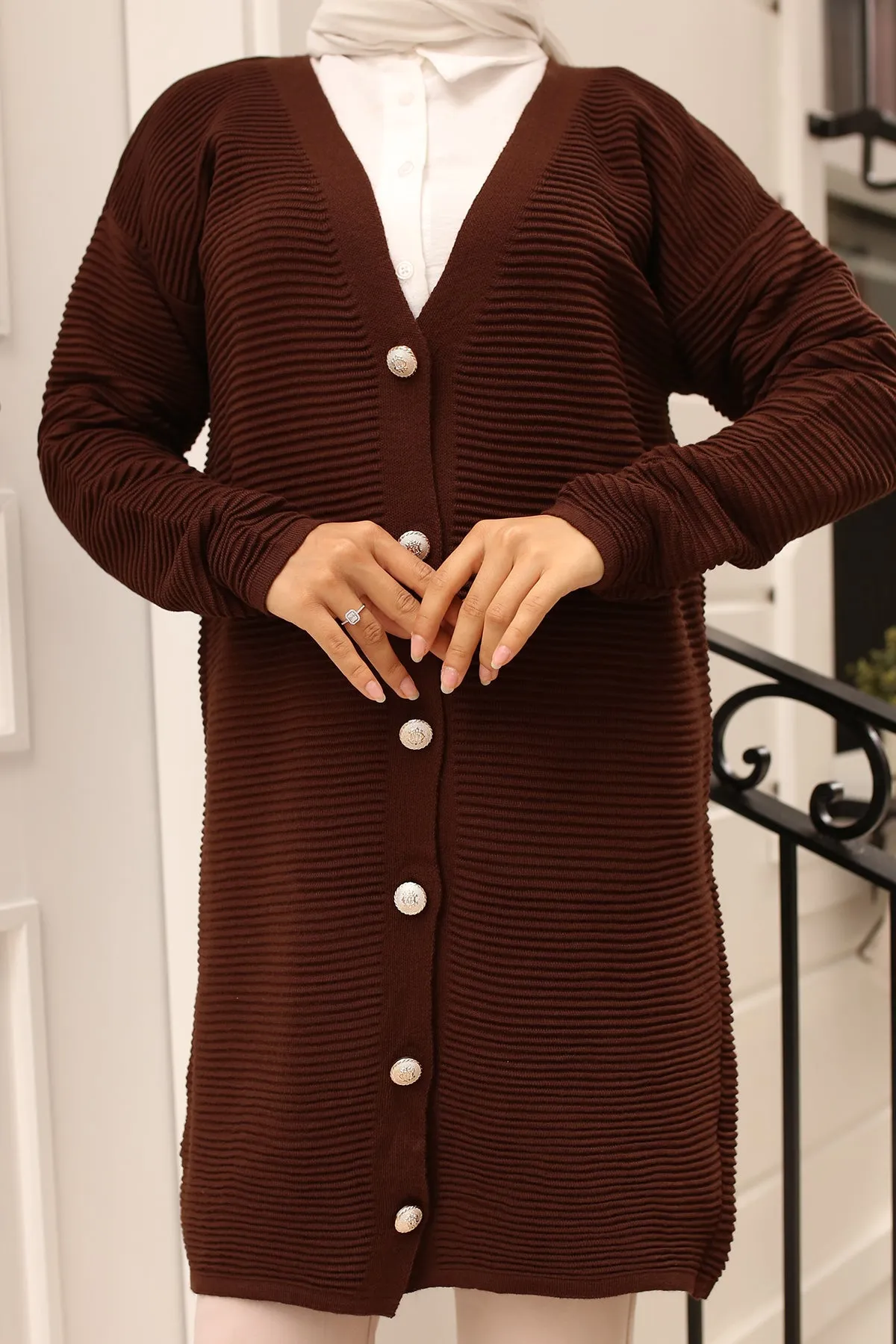 BNG Women Button Detailed Ribbed Cardigan Brown - Clermont