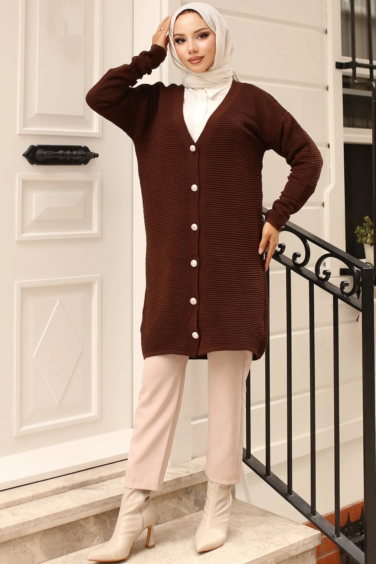 BNG Women Button Detailed Ribbed Cardigan Brown - Clermont