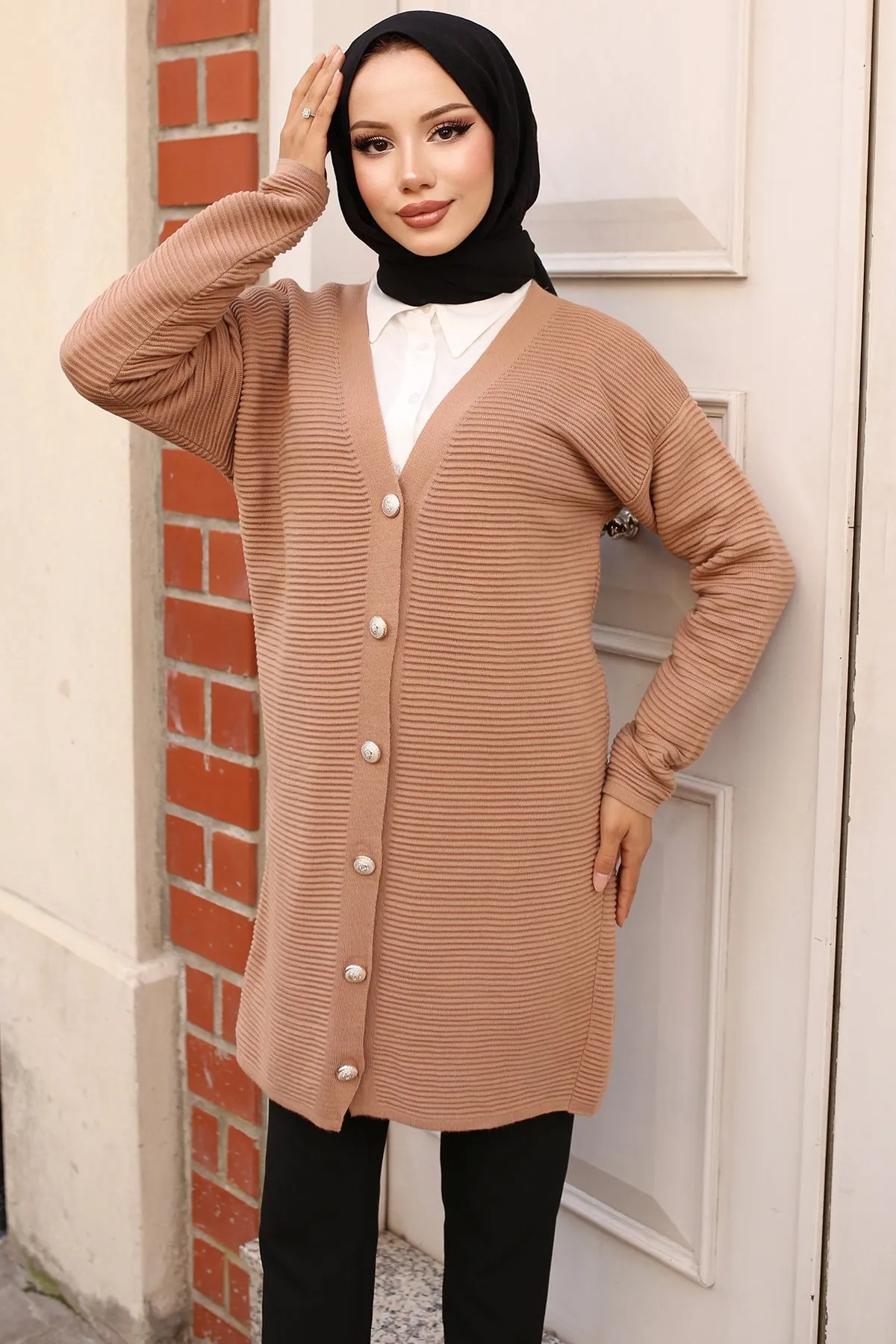 BNG Women Button Detailed Ribbed Cardigan Mink - Clermont