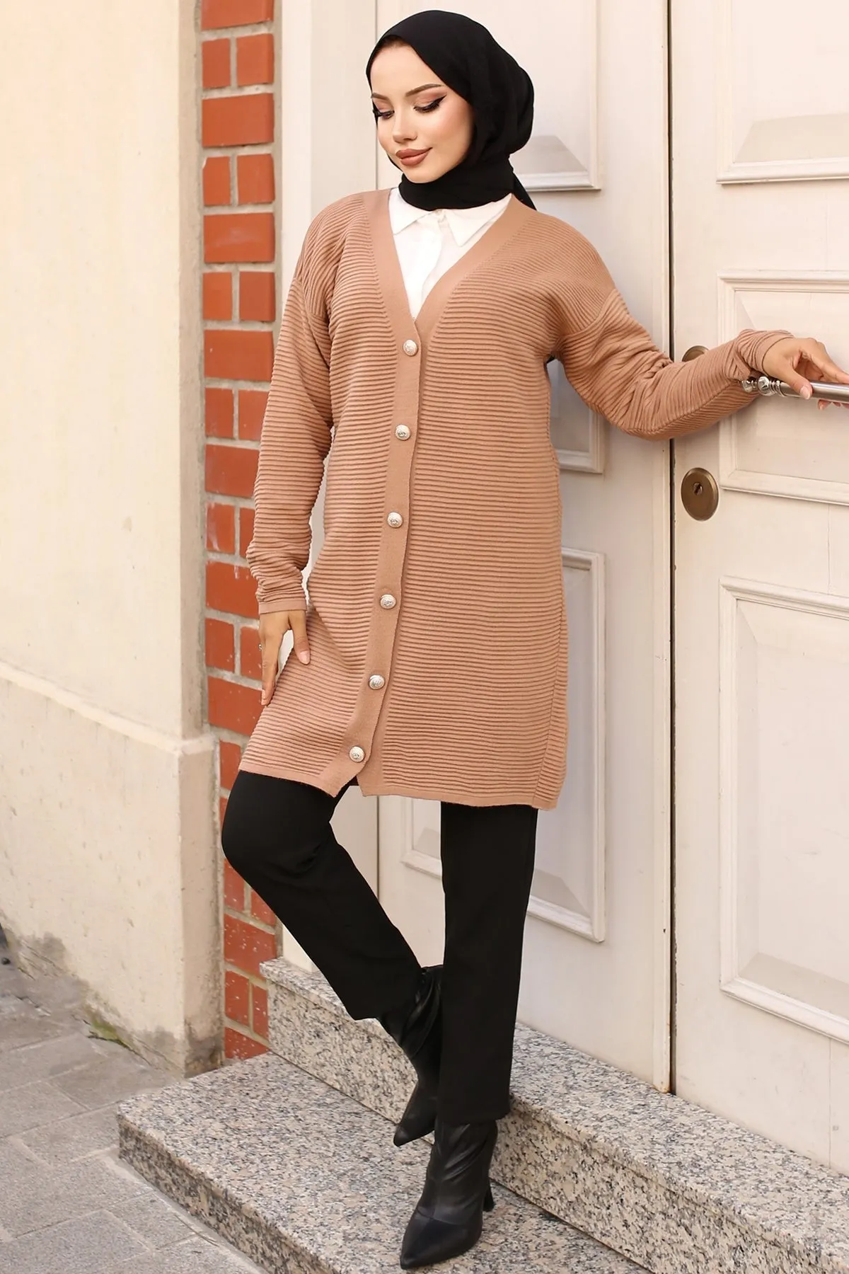 BNG Women Button Detailed Ribbed Cardigan Mink - Clermont
